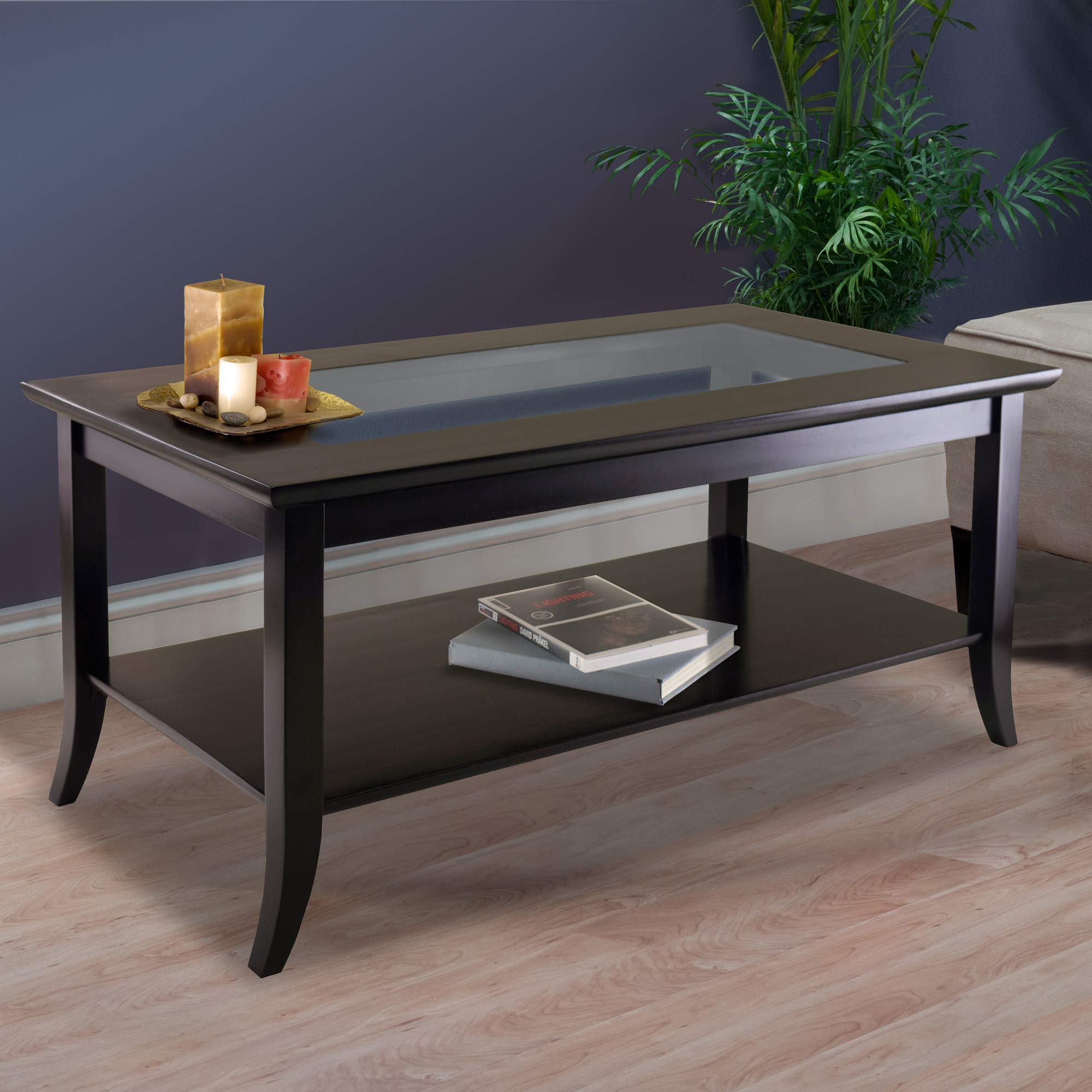 Winsome Genoa Espresso Rectangular Coffee Table with Tempered Glass Top and Lower Shelf - Perfect for Living Room, Lounge, and Office Decor