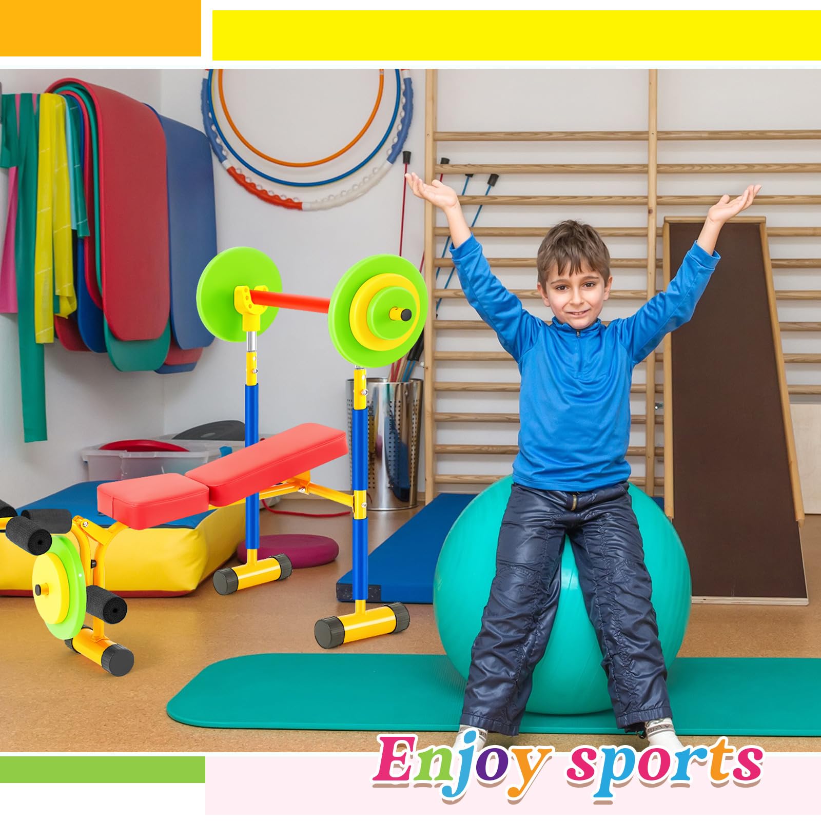 Meooeck Adjustable Kids Weight Bench Set with Weights, Foam Tray & Bar - Fitness Exercise Equipment for Children & Toddlers - Perfect for Indoor/Outdoor Sports, Home Gym & Beginner Workouts