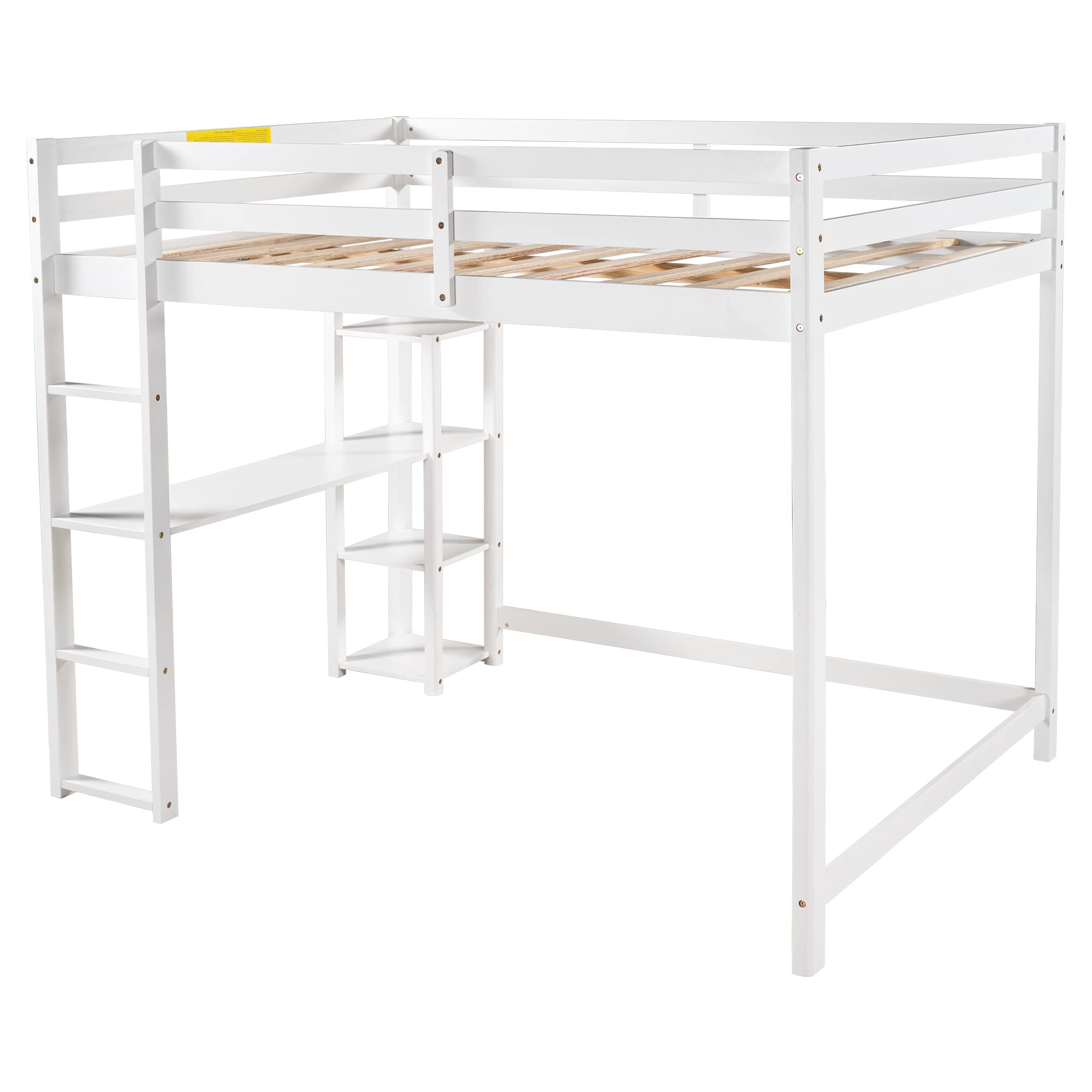 **Full Loft Bed with Built-in Desk & Shelves for Kids, Teens & Adults - Sturdy Wooden Space-Saving Loft Bed with Ladder & Full-Length Guardrail - Perfect for Small Bedrooms, Dorms & Studio Apartments (White)**