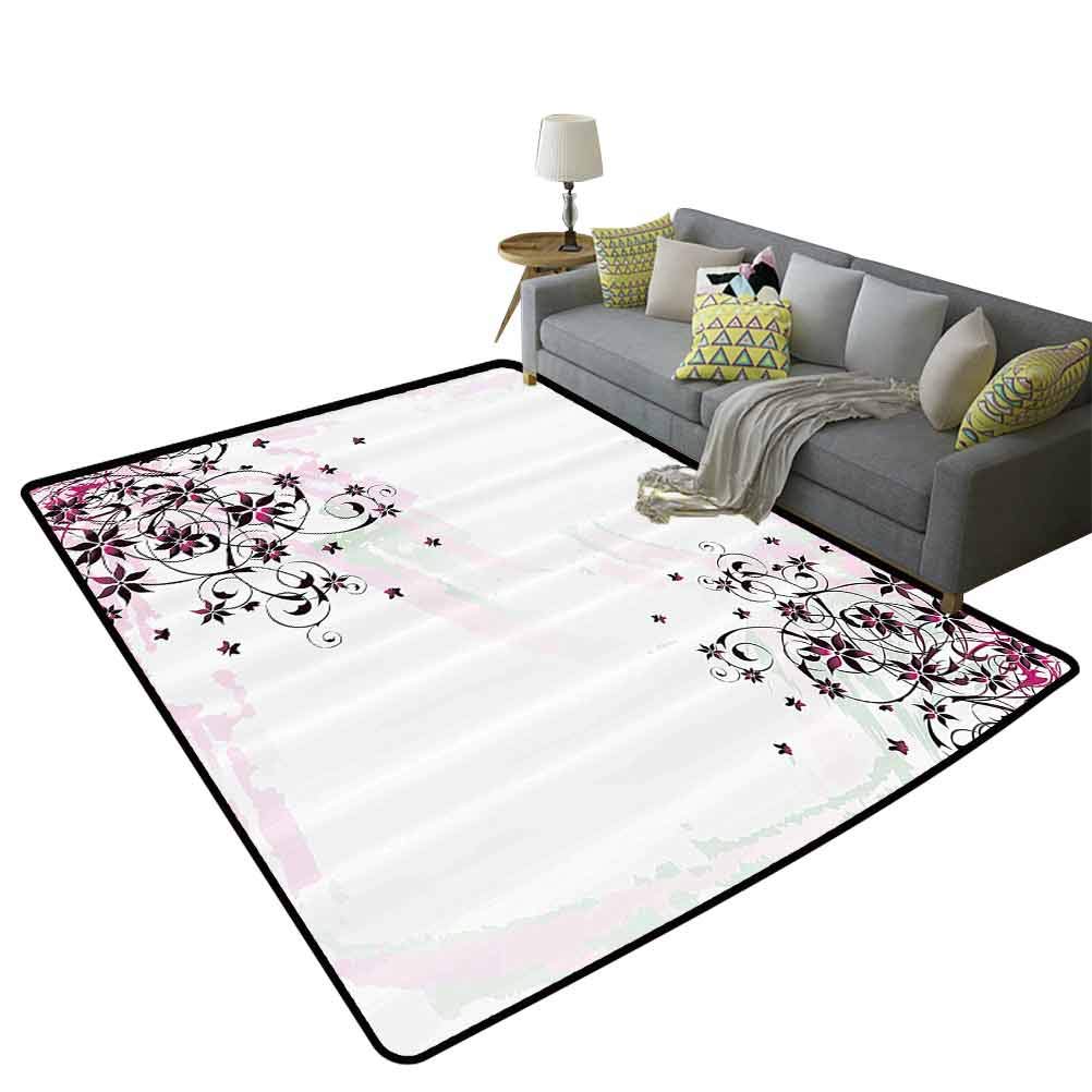 Floral Living Room Rug - Grunge Flower Design with Swirled Leaves & Paintbrush Illustration - 6'x9' (180x270cm) - Black, Light Pink & Mint - Perfect for Boho Chic Decor, Bedroom Accent or Cozy Home Office
