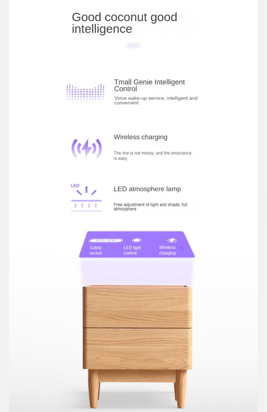 Oak Solid Wood Smart Nightstand with Wireless Charger, USB Ports & Built-in Lamp - Perfect for Bedroom, Living Room & Office