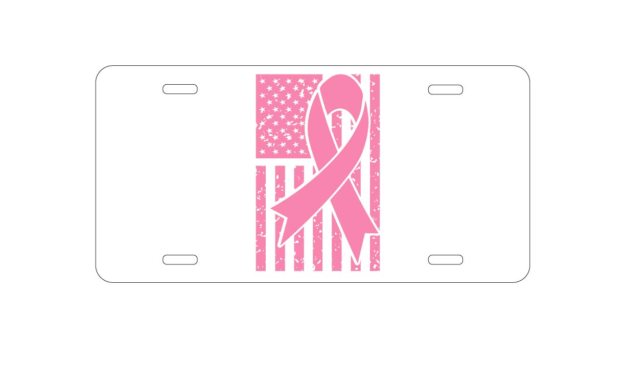 Custom Aluminum Vanity License Plate for Car Front - Pink Ribbon Cancer Awareness with USA Flag - Personalized Auto Accessory for Breast Cancer Support & Patriotic Car Decoration
