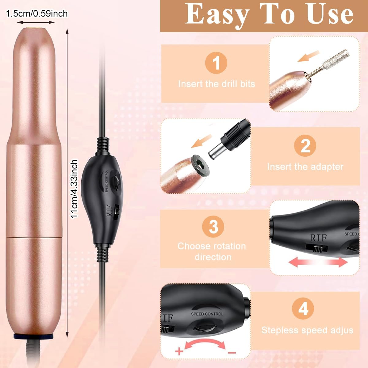 Professional Electric Nail Drill Kit - Kreni Cordless Nail File Machine with 6 Drill Bits & Sanding Paper for Salon & Home Manicure Pedicure | Perfect for Nail Art, Acrylics & Gel Polish Removal | Portable Nail Care Tools for DIY & Professional Use