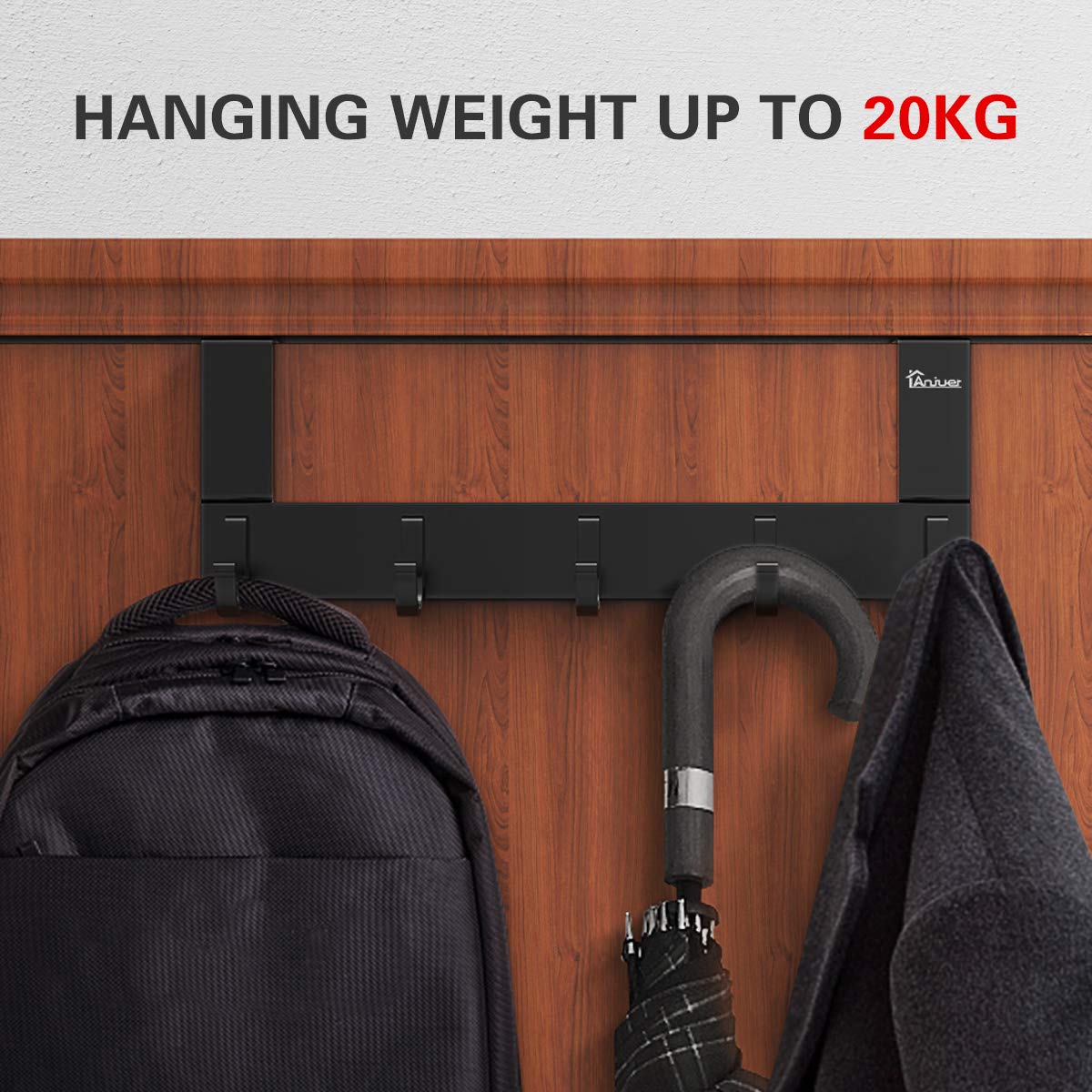 Over The Door Hook Organizer Rack - Heavy Duty Metal Coat Hanger with 5 Hooks for Jackets, Hats, Bags & More - Space Saving Closet & Entryway Storage Solution (Black)
