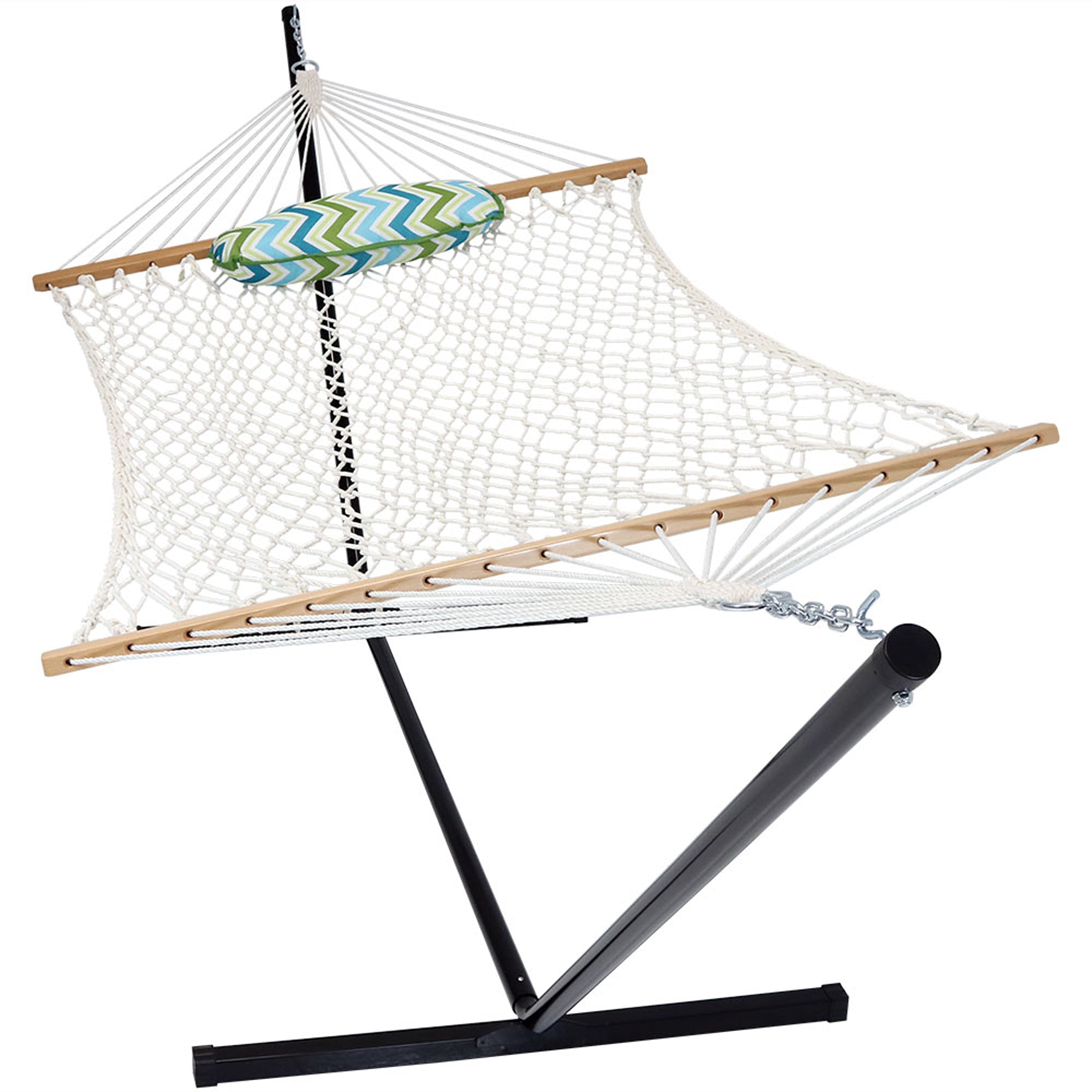 Premium Sunnydaze Rope Hammock with 12-Foot Steel Stand, Comfortable Pad & Pillow - Perfect for Backyard Relaxation, Beach Lounging & Outdoor Camping