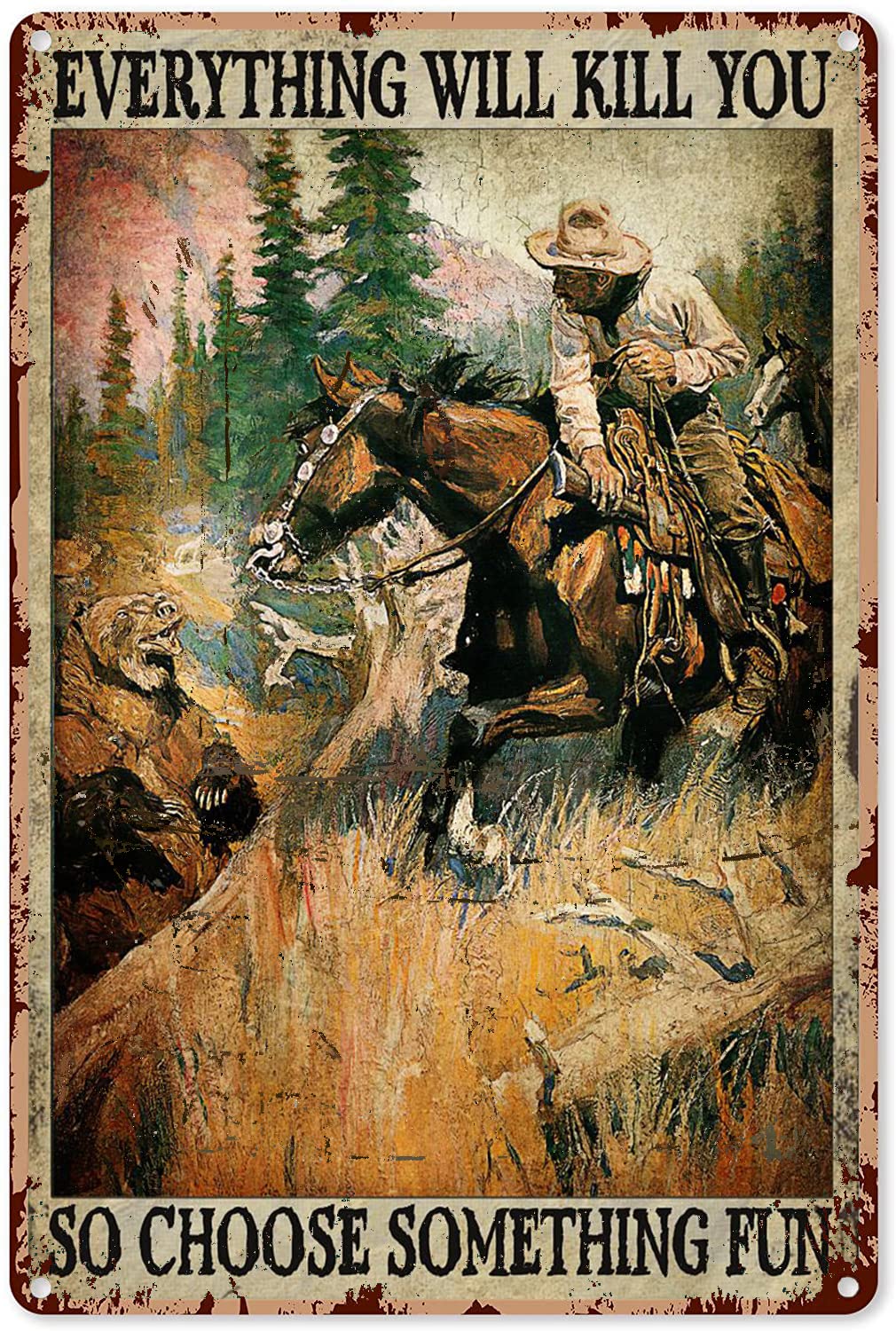 Vintage Hunting Wall Art - Old Man Riding Horse Hunting Bear Metal Sign Decor 16x12 Inch | Rustic Tin Aluminum Poster for Man Cave, Bar, Cabin & Home Decor | Unique Gift for Hunters & Outdoor Enthusiasts