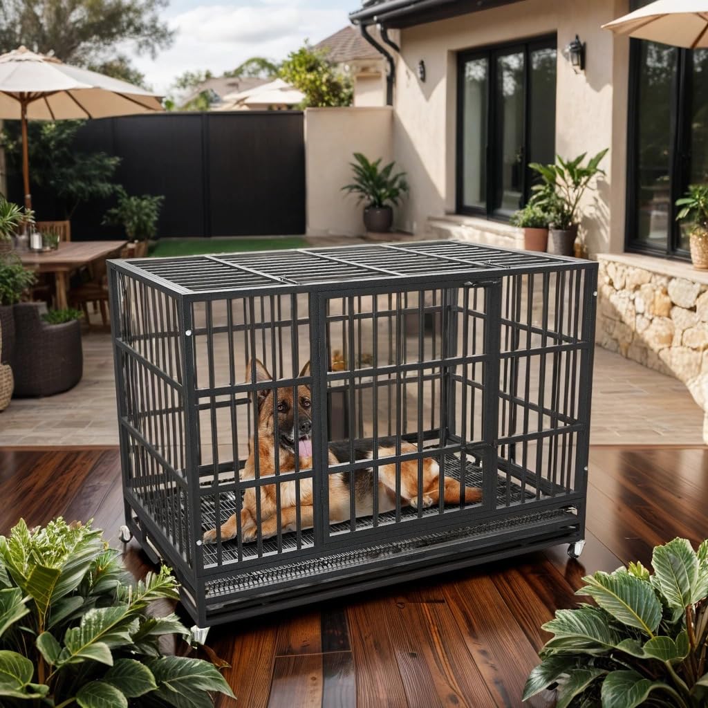 48/42/38 Inch Heavy Duty Dog Crate Cage with Wheels - Indestructible & Escape Proof Steel Kennel for Large Dogs - XL XXL Extra Large Pet Crate with Double Door, Sturdy Locks & Removable Tray - Perfect for Indoor Use, Travel & High Anxiety Dogs (Ideal for Home, Vet Visits & Car Trips)