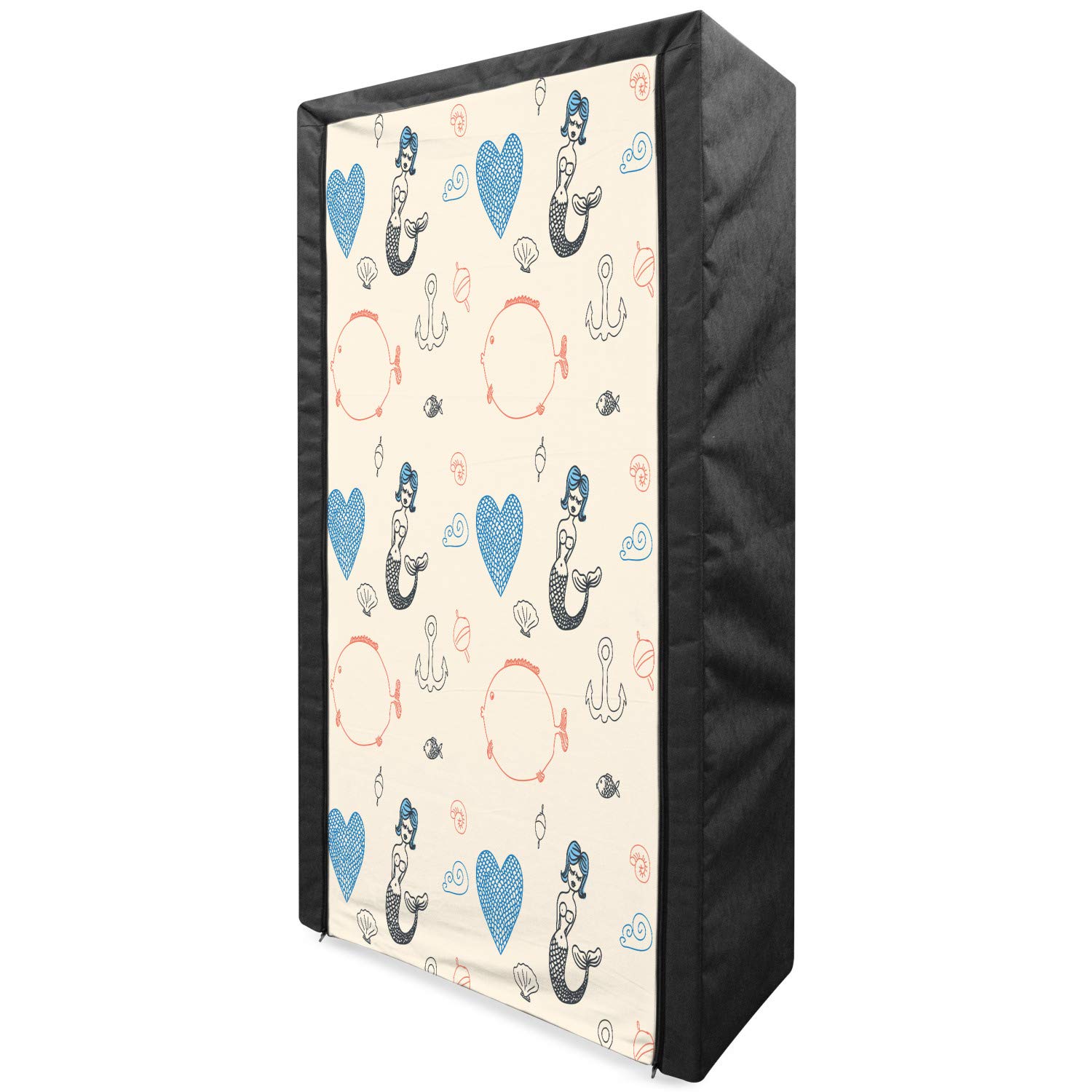 Ambesonne Mermaid Fabric Wardrobe - Balloon Fish Hearts Ocean Theme Clothing Organizer with Shelves, 33.5 Inch Portable Storage Closet in Pale Blue Black Cream | Perfect for Bedroom, Dorm, Closet Organization & Small Space Storage