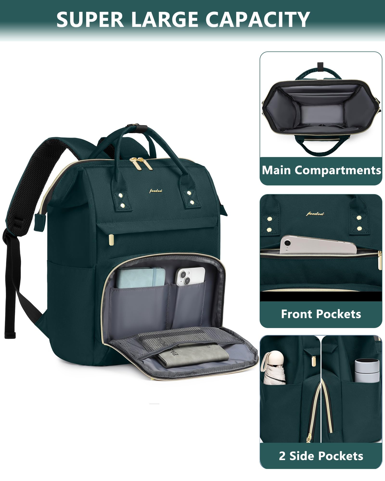 Professional Women's Laptop Backpack - 15.6 Inch Waterproof Work Bag with USB Port, Dark Green Travel Backpack for Nurse, Teacher, Office, and College Students