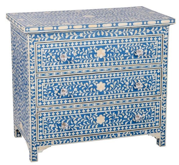 Handmade Blue Floral Bone Inlay 3-Drawer Dresser - Vintage Boho Bedroom Furniture for Home Decor & Storage