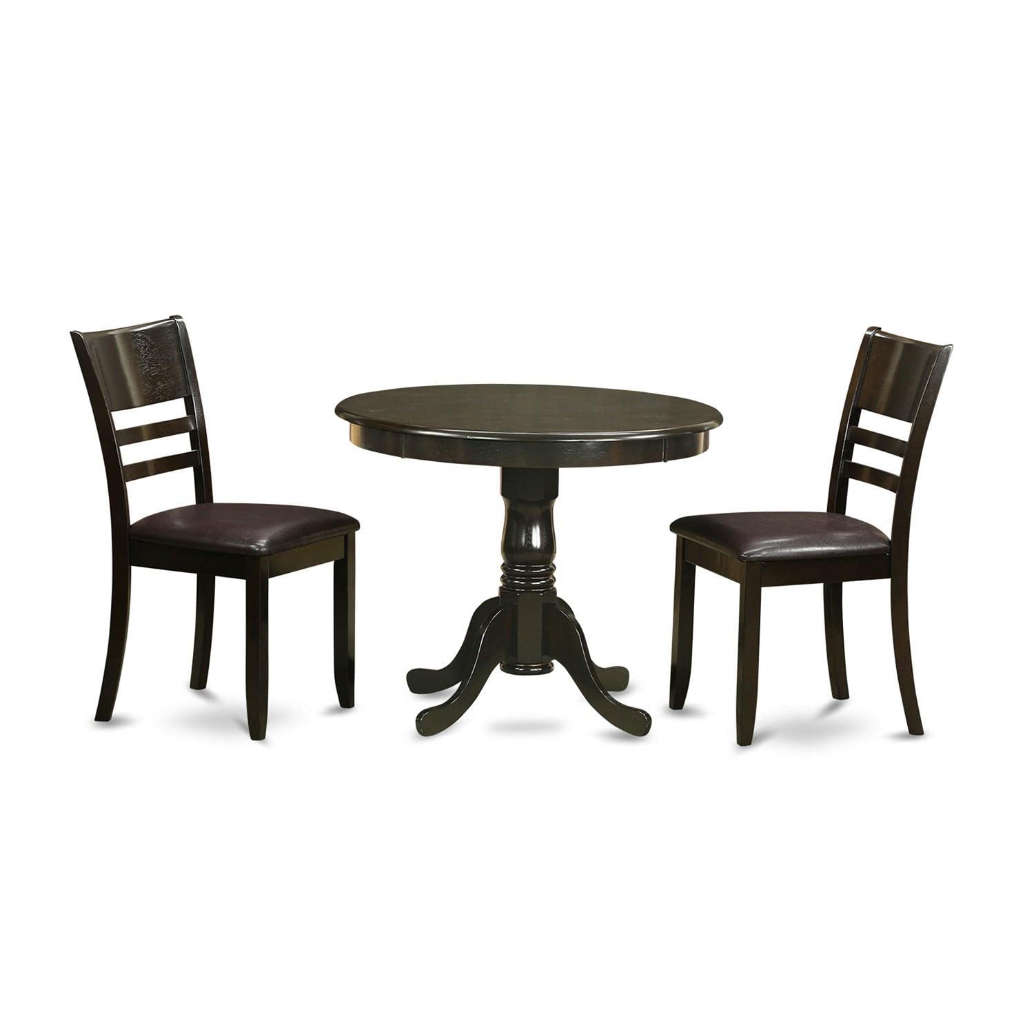 East West Furniture ANLY3-CAP-LC 3-Piece Round Dining Table Set with Pedestal Base & 2 Faux Leather Chairs - 36x36 Inch Cappuccino - Space Saving Kitchen Set for Small Apartments, Breakfast Nooks & Cozy Dining Areas