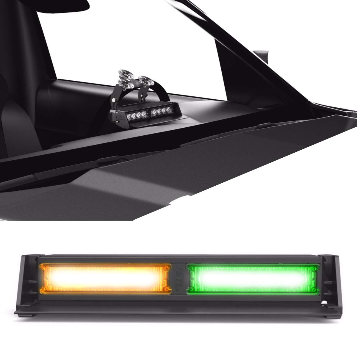 SpeedTech Lights Striker TIR 2 Head LED Strobe Light Bar - Amber/Green Emergency Warning Lights for Police, Security & Emergency Vehicles - Windshield & Dash Mount with Cigarette Lighter Plug - Ideal for Roadside Assistance, Construction Zones & Traffic Control