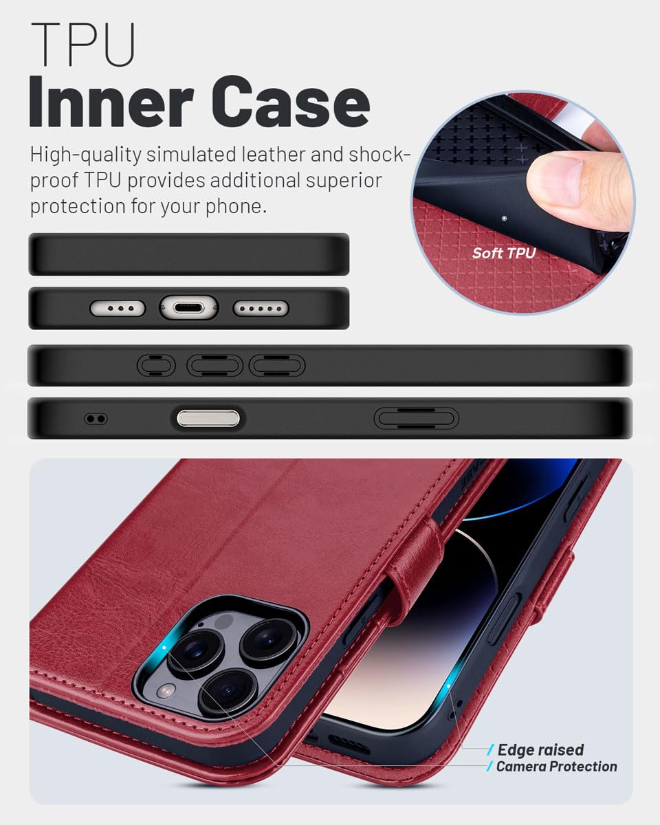 OCASE iPhone 16 Pro Wallet Case (6.3 Inch 2024) - PU Leather Flip Folio Cover with Card Slots, RFID Blocking & Kickstand | Shockproof TPU Inner Shell | Perfect for Business Travel & Daily Use (Red)