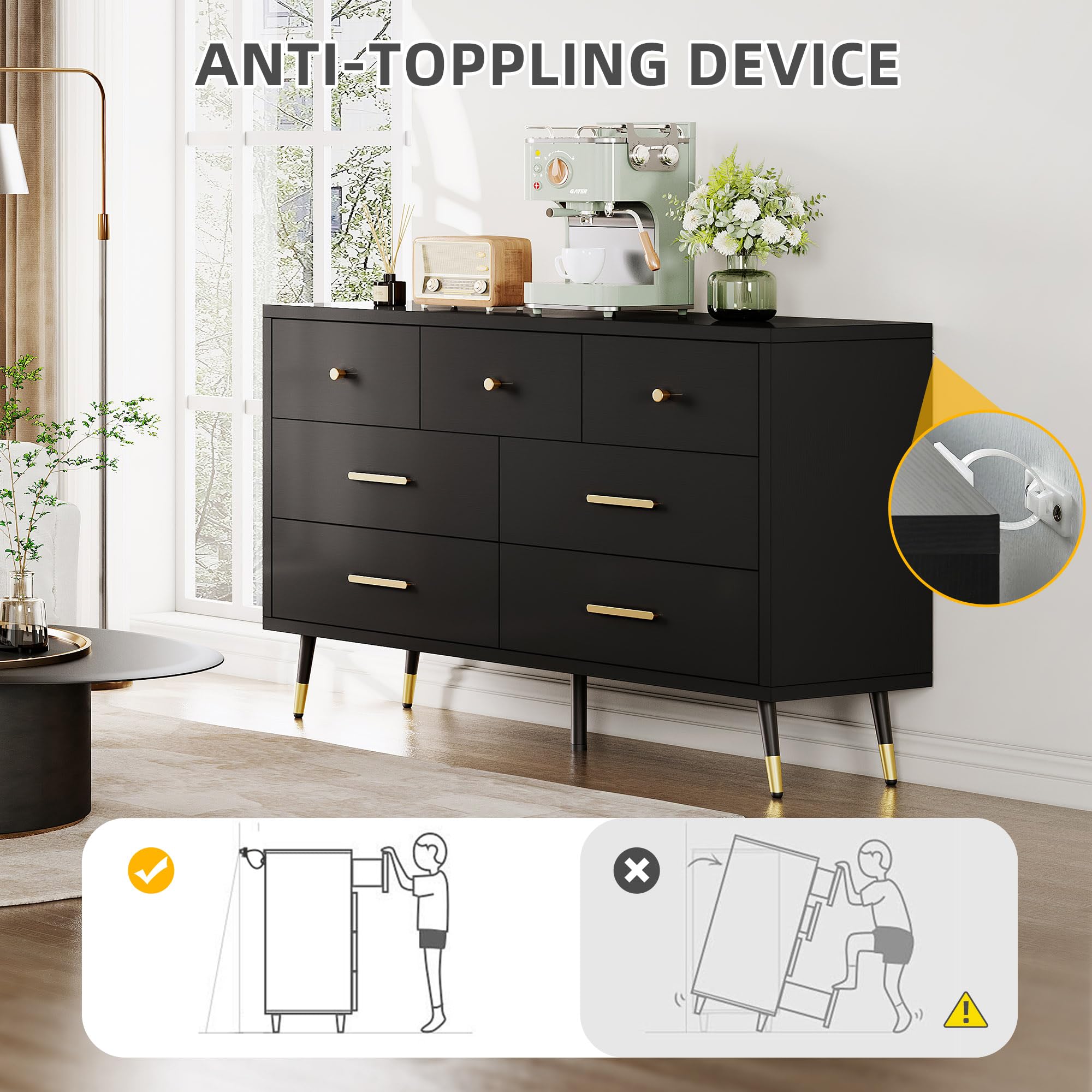 Modern Black 7-Drawer Dresser with Metal Handles - 47