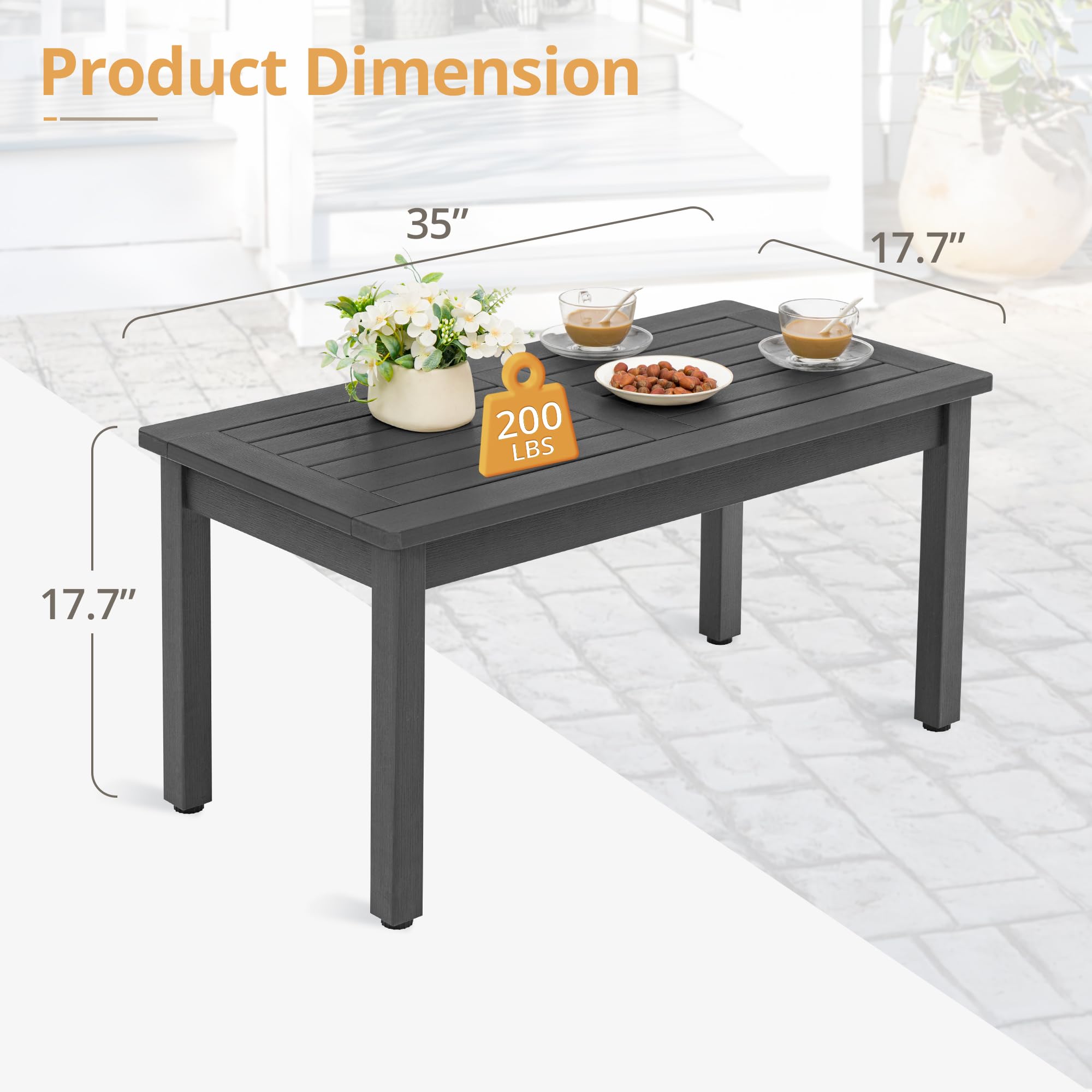 LUE BONA Outdoor Rectangle Coffee Table - All-Weather HDPS Patio Table with Slatted Tabletop for Deck, Garden, Balcony - Indoor/Outdoor Use - Dark Gray | Perfect for Backyard, Poolside & Outdoor Living Spaces