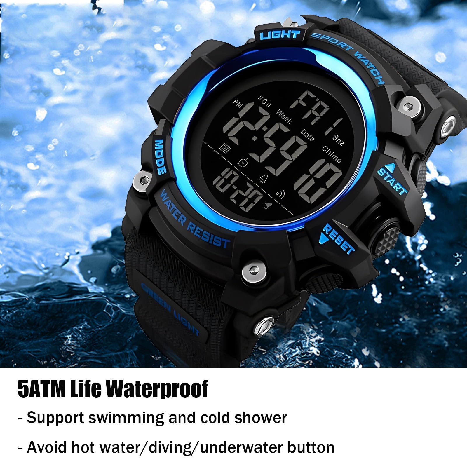 Gosasa Men's Sports Watch - Waterproof Digital LED Stopwatch with Countdown, 12/24 Hour Display, Multifunctional Wristwatch for Running, Swimming & Outdoor Activities