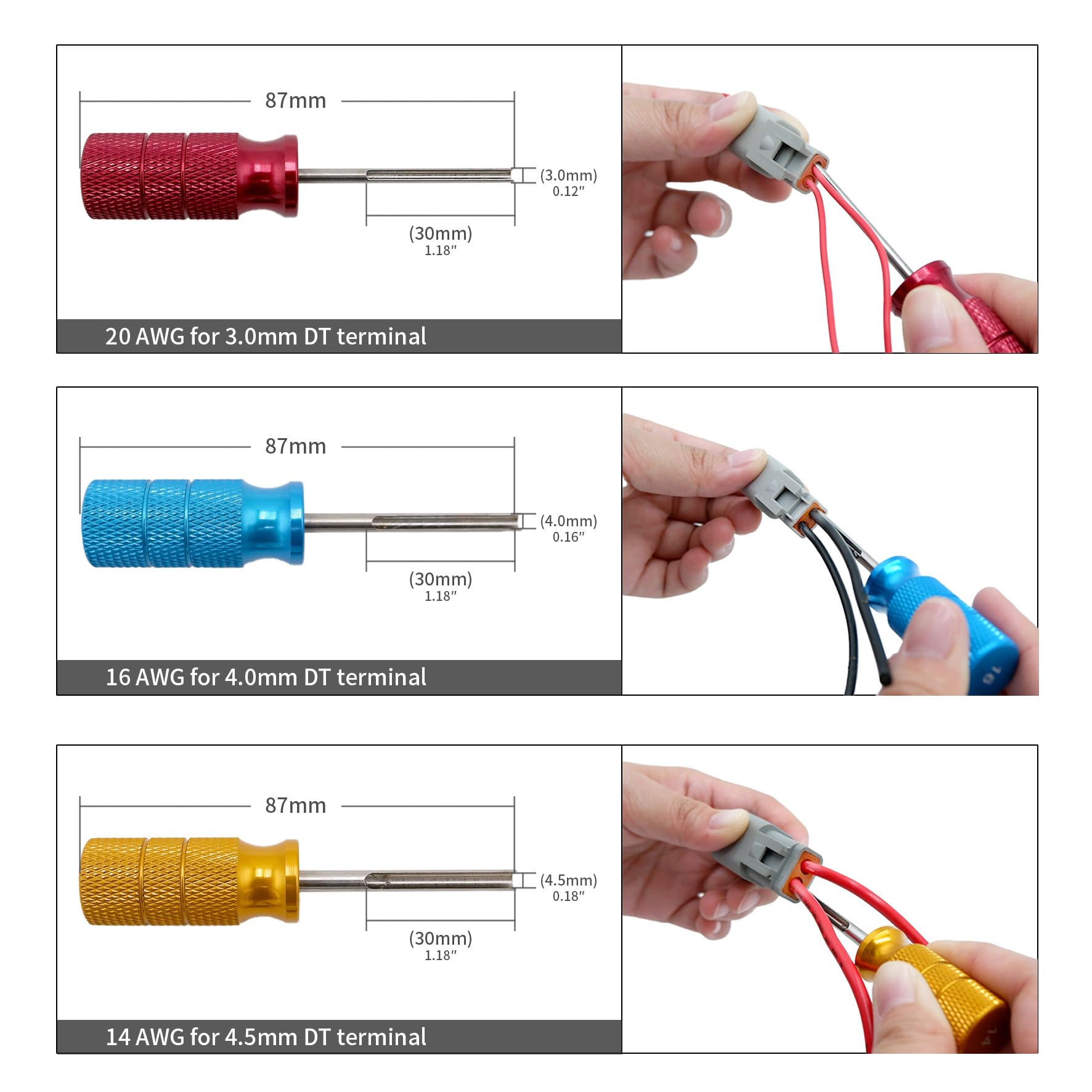 14/16/20 AWG Deutsch Terminal Removal Key Tool Kit - 3-Piece DT, DTM, DTP Terminal Release Tool for Automotive Wiring, Connectors, Harnesses, Sockets & Plugs | Ideal for Mechanics, DIY Car Repairs & Electrical System Maintenance