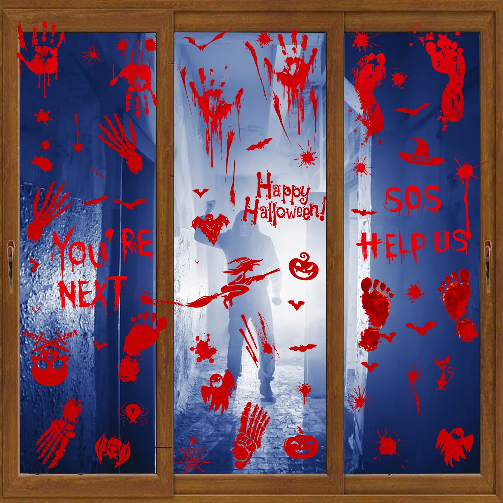 YiFeng 9-Sheet Halloween Window Clings - Double-Sided Removable Spooky Decals for Glass Doors & Windows | Bloody Handprint & Footprint Stickers for Party, Wall & Floor Decor | Perfect for Halloween Home Decorations & Haunted House Themes