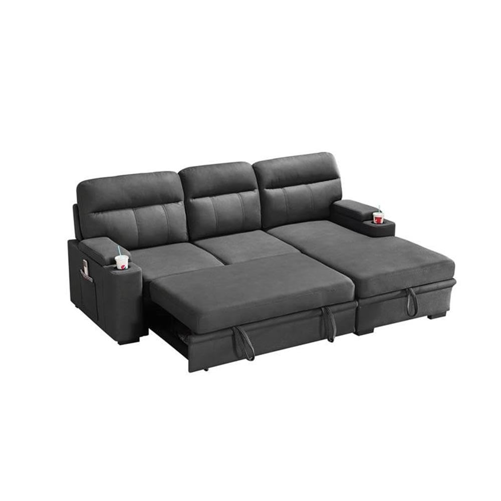 MAKLAINE Modern Microfiber Sectional Sofa with Chaise, Storage & Cup Holders - Gray Contemporary Sleeper Sofa for Living Room, Home Theater & Small Spaces