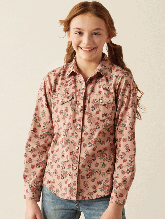 Ariat 10053889 Kids Western Shirt with Floral & Horseshoe Print - Perfect for Rodeo, Horse Riding & Country Style Outfits