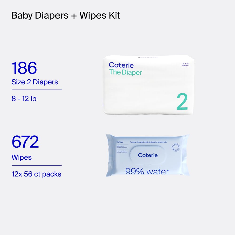 **Coterie Baby Diapers + Wipes Kit, Size 2 (186 Count Diapers + 672 Wipes) | Hypoallergenic, Plant-Based Fibers, Sensitive Skin Safe | Newborn Essentials for Daycare, Travel & Home Use**
