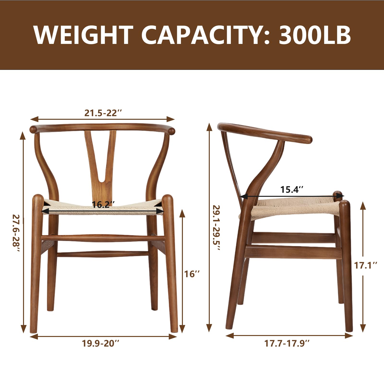 Natural Solid Wood Wishbone Chair - Hans Vegner Inspired Y Chair with Rattan & Wood Armrests (Ash Wood/Walnut, Set of 2) - Perfect for Dining Room, Kitchen, and Modern Home Decor