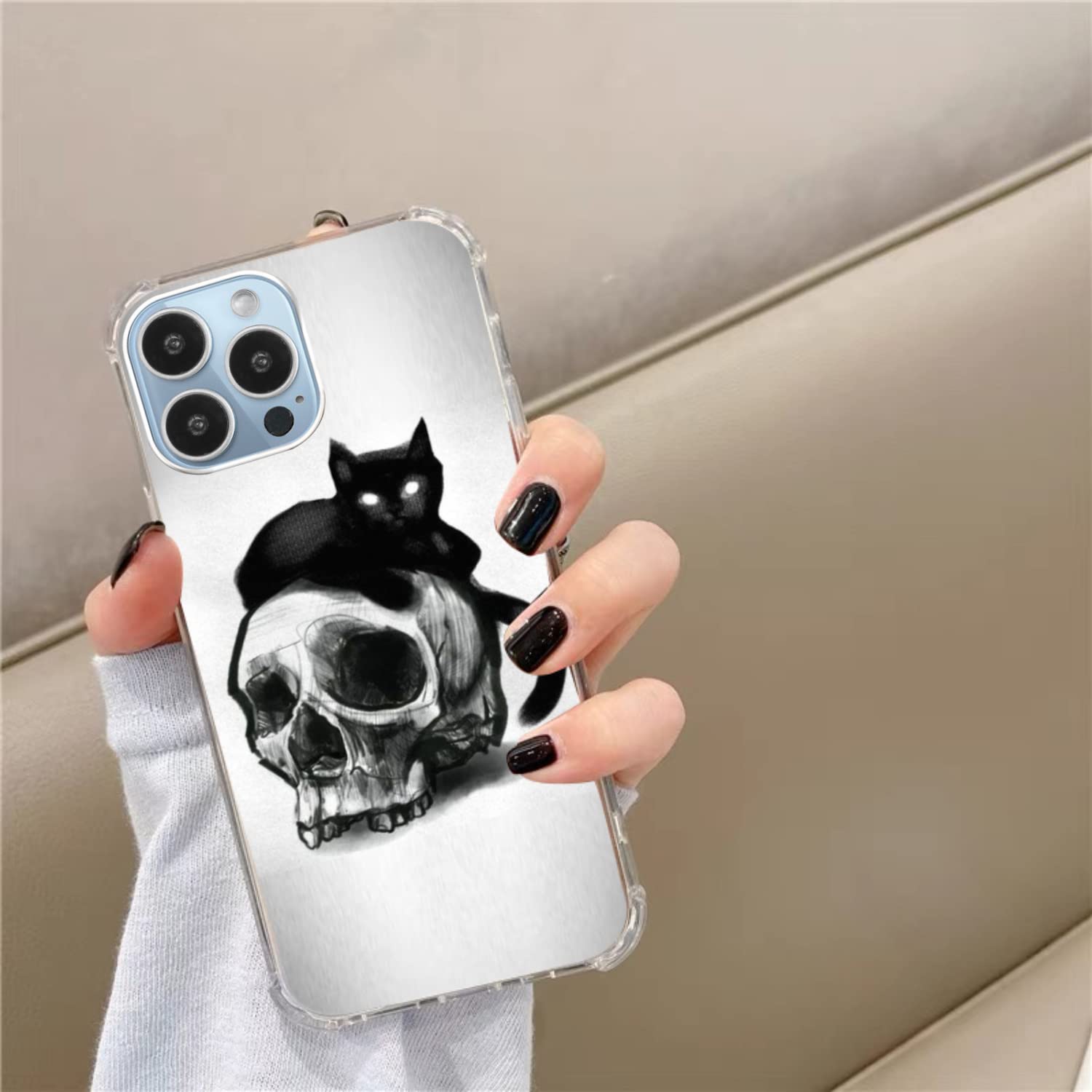 Skull Black Cat iPhone 13 Pro Max Case - Aesthetic Skeleton TPU Bumper Phone Cover for Women & Men | Trendy Gothic Protective Case for iPhone 13 Pro Max - Perfect for Halloween, Goth Style & Everyday Use