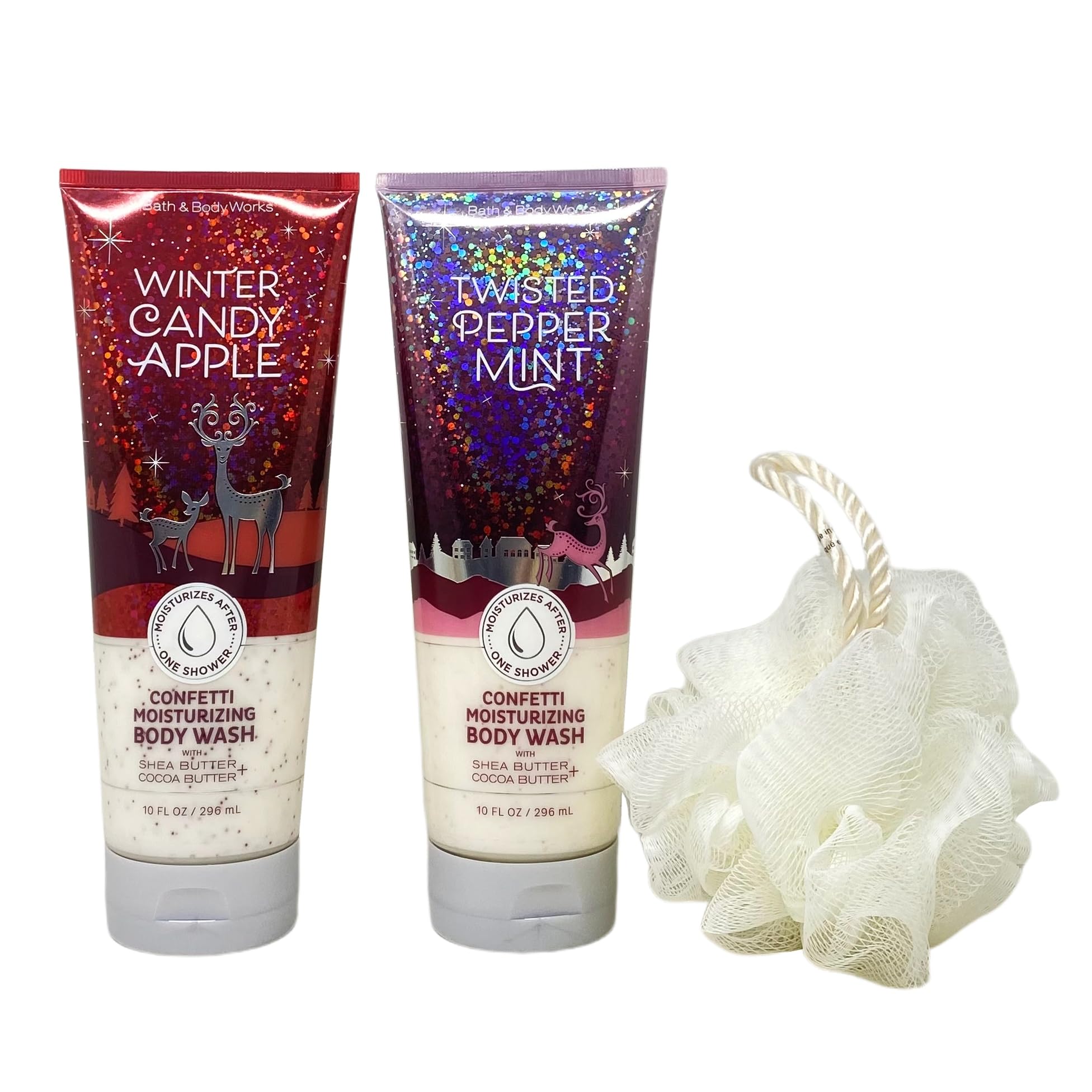 Bath & Body Works 2-Pack Moisturizing Body Wash Gift Set - Winter Candy Apple & Twisted Peppermint Scents with Shower Sponge | Holiday Gift, Self-Care Routine, Spa Day at Home