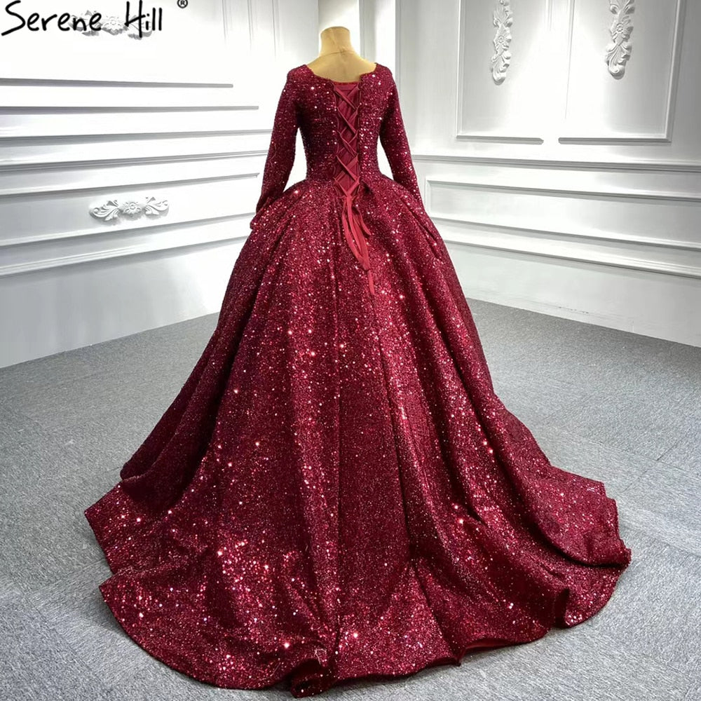 Serene Hill Muslim Red Luxury Wedding Dress 2025 - Sparkle Beaded Long Sleeve Bridal Gown HA2513 | Custom Made Islamic Nikah Dress for Modest Brides, Perfect for Wedding Ceremonies & Special Occasions