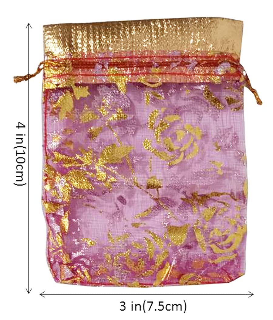 Purpledip Polyester Net Brocade Gift Pouch - 4 Inch Fuschia Rani Pink Potli Bags (Pack of 10) - Perfect for Wedding Favors, Party Gifts & Jewelry Packaging (12437)