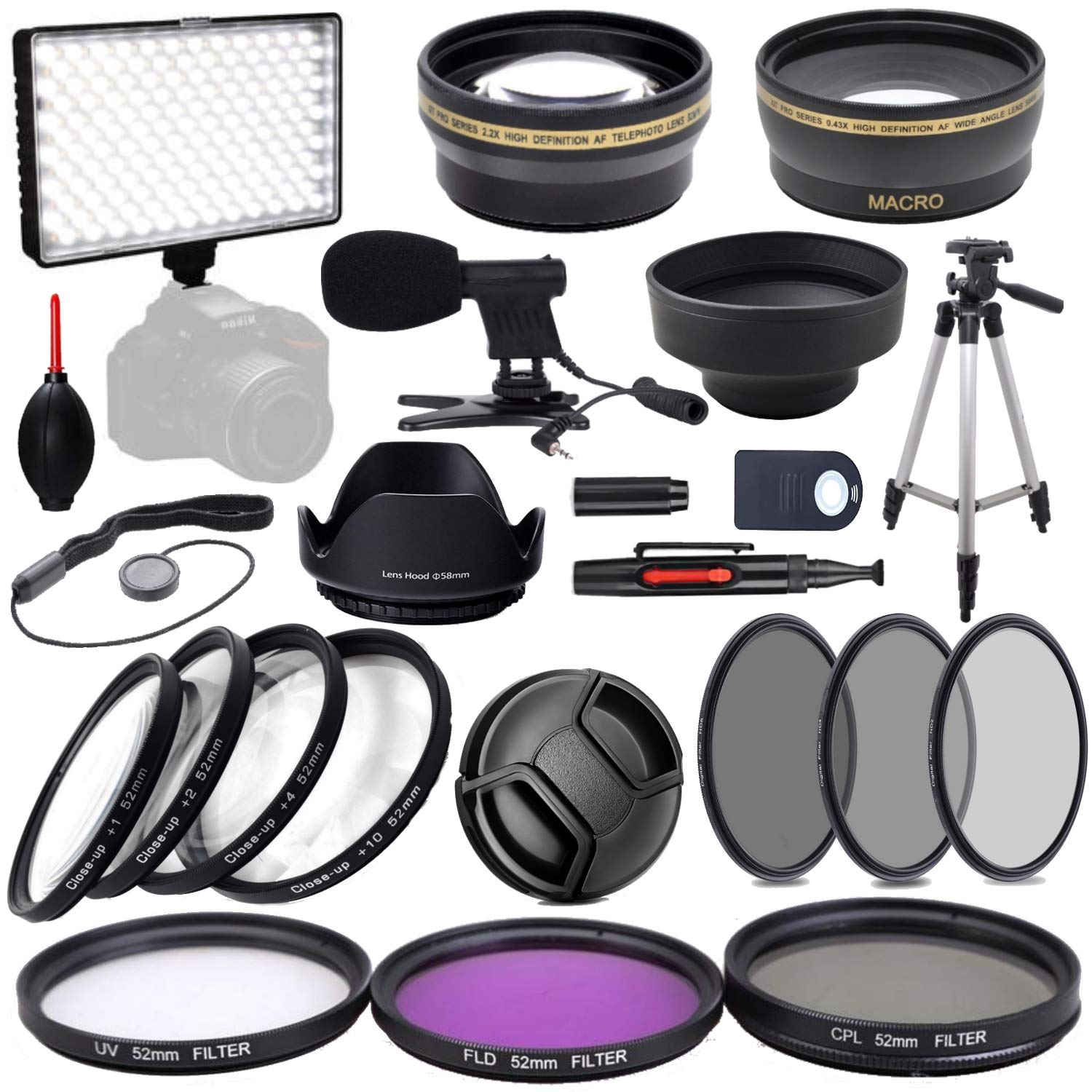 52MM DSLR Camera Lens Filter Kit (CPL, FLD, ND2/4/8) with Macro & Telephoto Lenses + LED Video Light & Microphone - Compatible with Nikon D5000-5600, D7000-7500 Series - Perfect for Vlogging, Photography & Video Production
