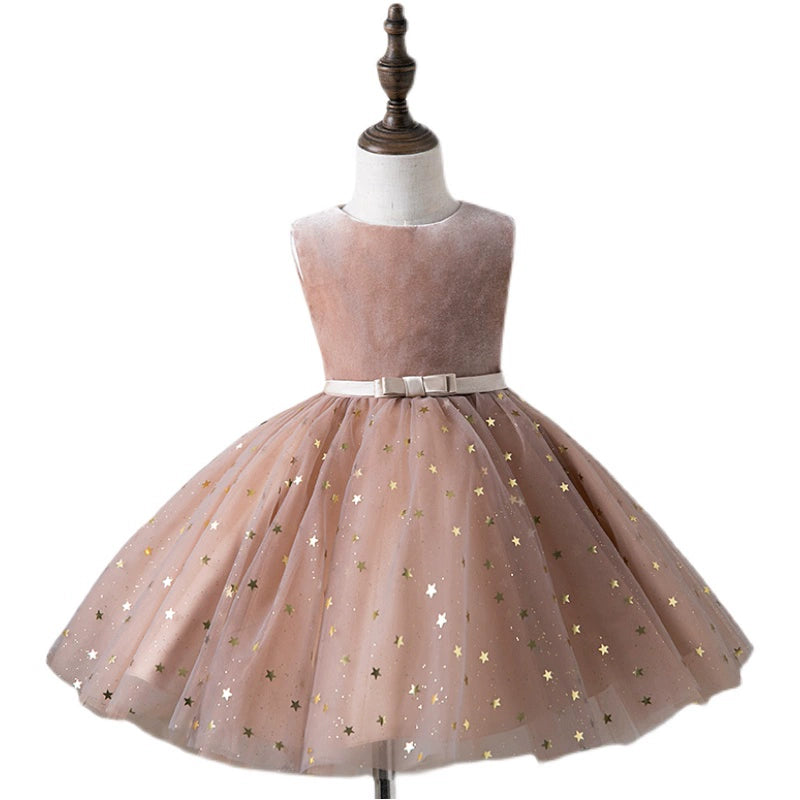 Champagne Princess Round Tea Length Tulle Flower Girl Dress for Weddings, Birthday Parties & Special Occasions