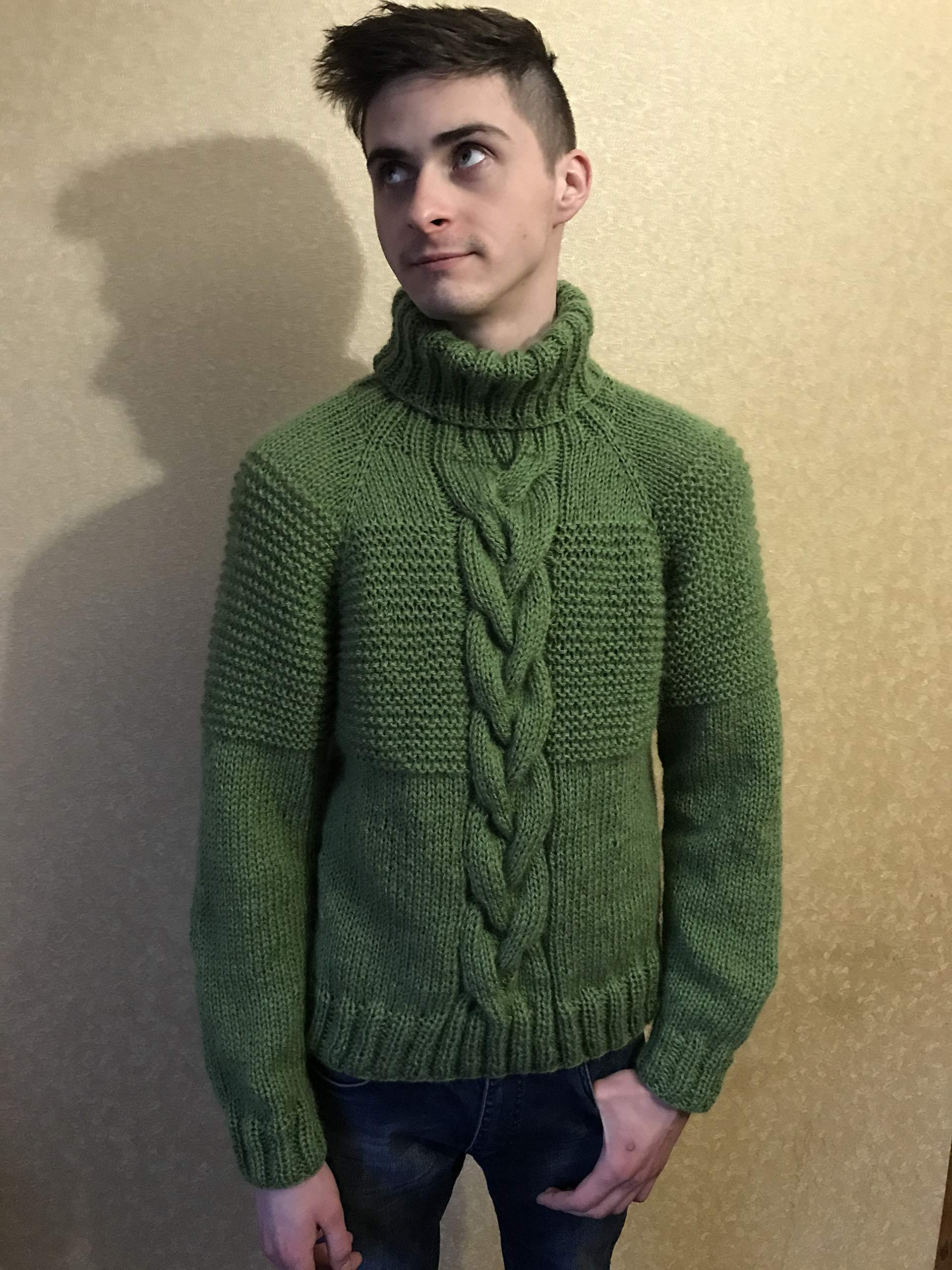Men's Handmade Chunky Knit Mohair Sweater - Light Green Turtleneck Pullover Hoodie for Winter | Warm High Collar Wool Jumper for Casual Wear & Outdoor Activities