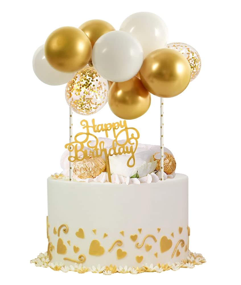 BEISHIDA 5 Inch 10pcs White Gold Balloon Cloud Cake Topper - Happy Birthday Cake Decorations with Mini Balloons & Garland - Perfect for Birthday Parties, Baby Showers & Wedding Cakes