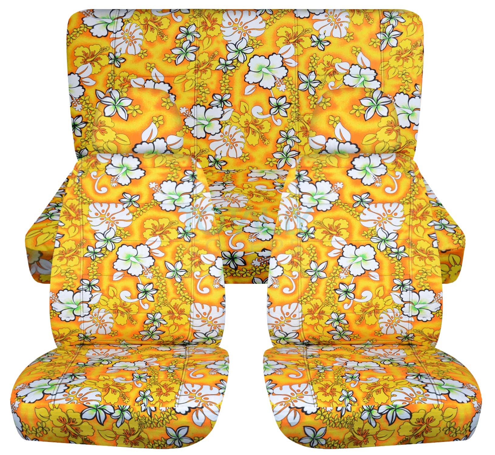 Hawaiian Flower Print Car Seat Covers Full Set with 2 Front Headrest Covers - Yellow Floral Design, Semi-Custom Fit for Cars, Trucks, Vans, SUVs & RVs (6 Patterns) - Perfect for Beach Trips, Road Adventures & Tropical-Themed Vehicle Decor