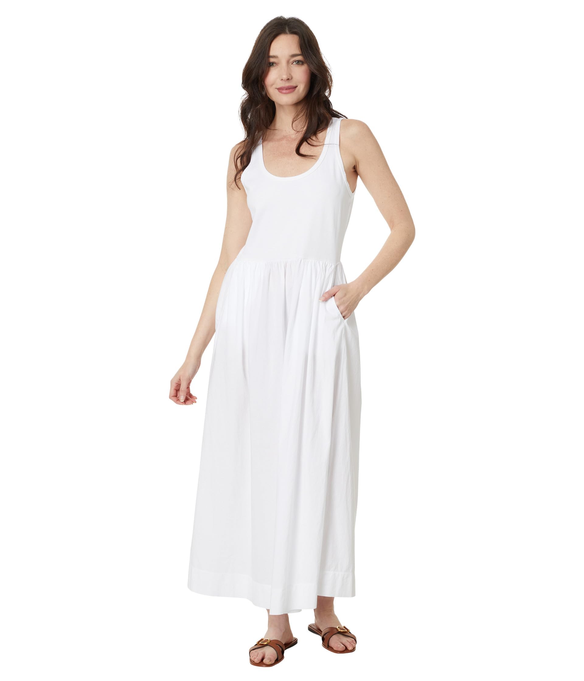 Lilla P Women's Mixed Media Maxi Dress - Flowy White Boho Chic Dress with Embroidery Details for Beach, Wedding & Summer Vacation | Size MD