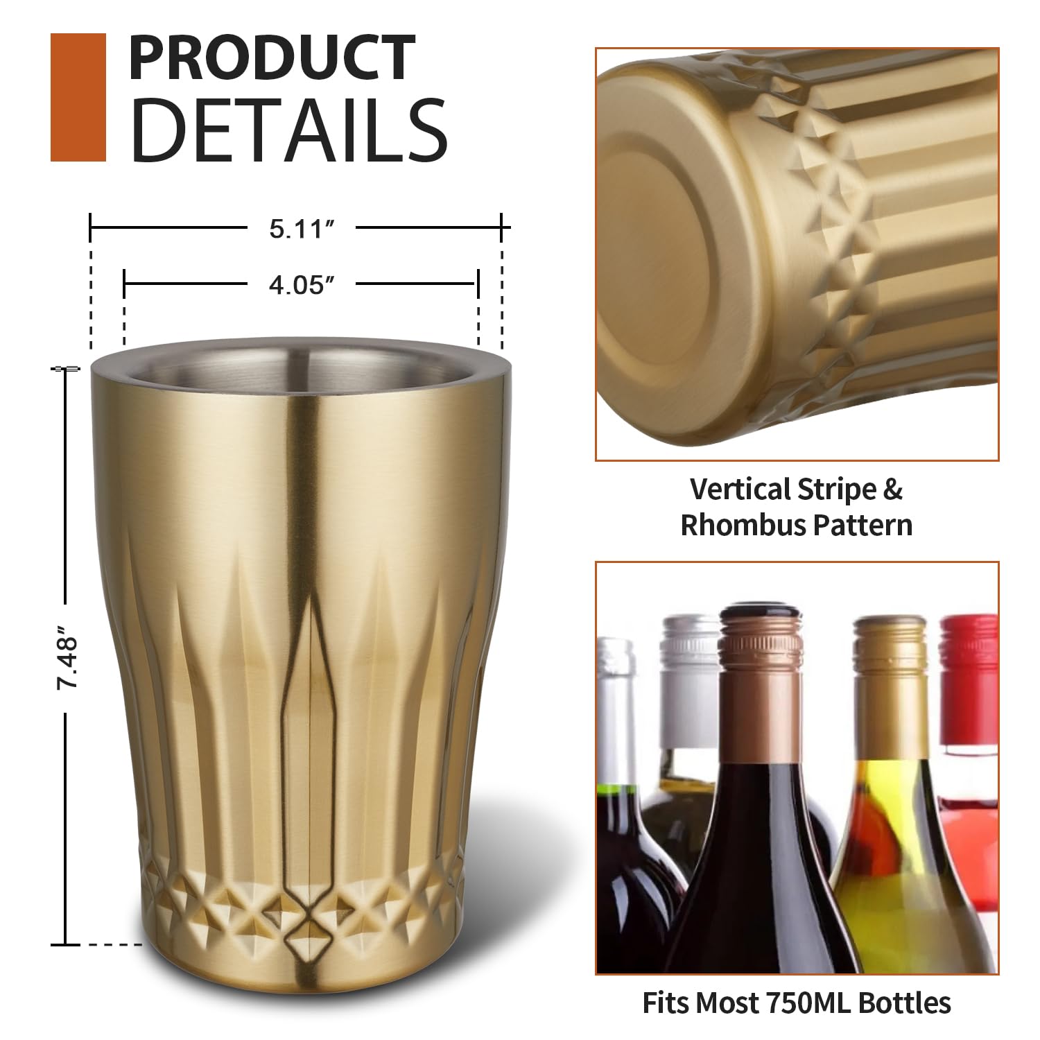 Premium Gold Wine Chiller Bucket - Double Wall Stainless Steel Wine Cooler with Vertical Stripe & Lozenge Pattern - Perfect for Champagne, White Wine & Sparkling Beverages - Elegant Bar Accessory for Parties, Weddings & Home Entertaining