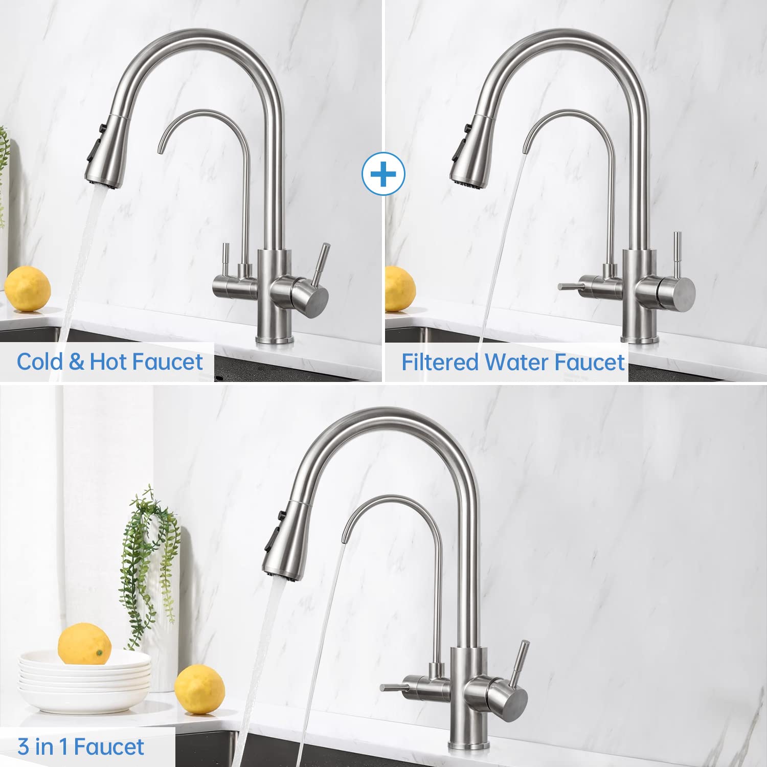 360° Swivel 3-Way Kitchen Faucet with Water Filter & Pull-Out Sprayer, Dual Handle for Hot and Cold Water, Stainless Steel - Perfect for Modern Kitchens and Easy Dishwashing