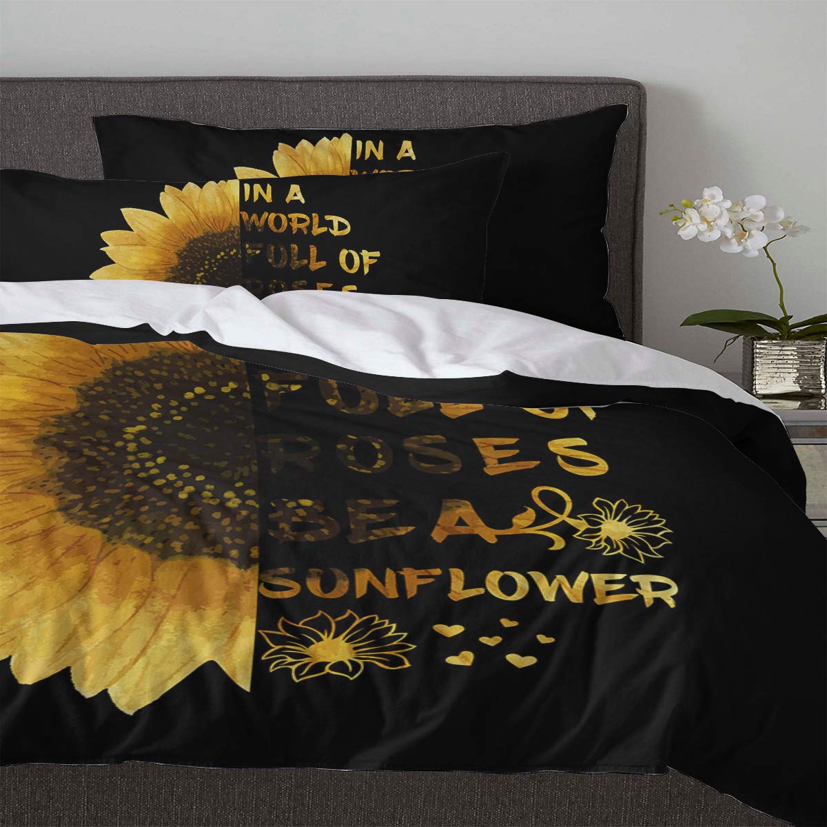 LooPoP Sunflower California King Bedding Set - 3 Piece Comforter Duvet Cover with Pillow Shams for Teens, Boys & Girls - Inspirational Text Design - Perfect for Bedroom Decor, Dorm Room Essentials & Cozy Home Makeover
