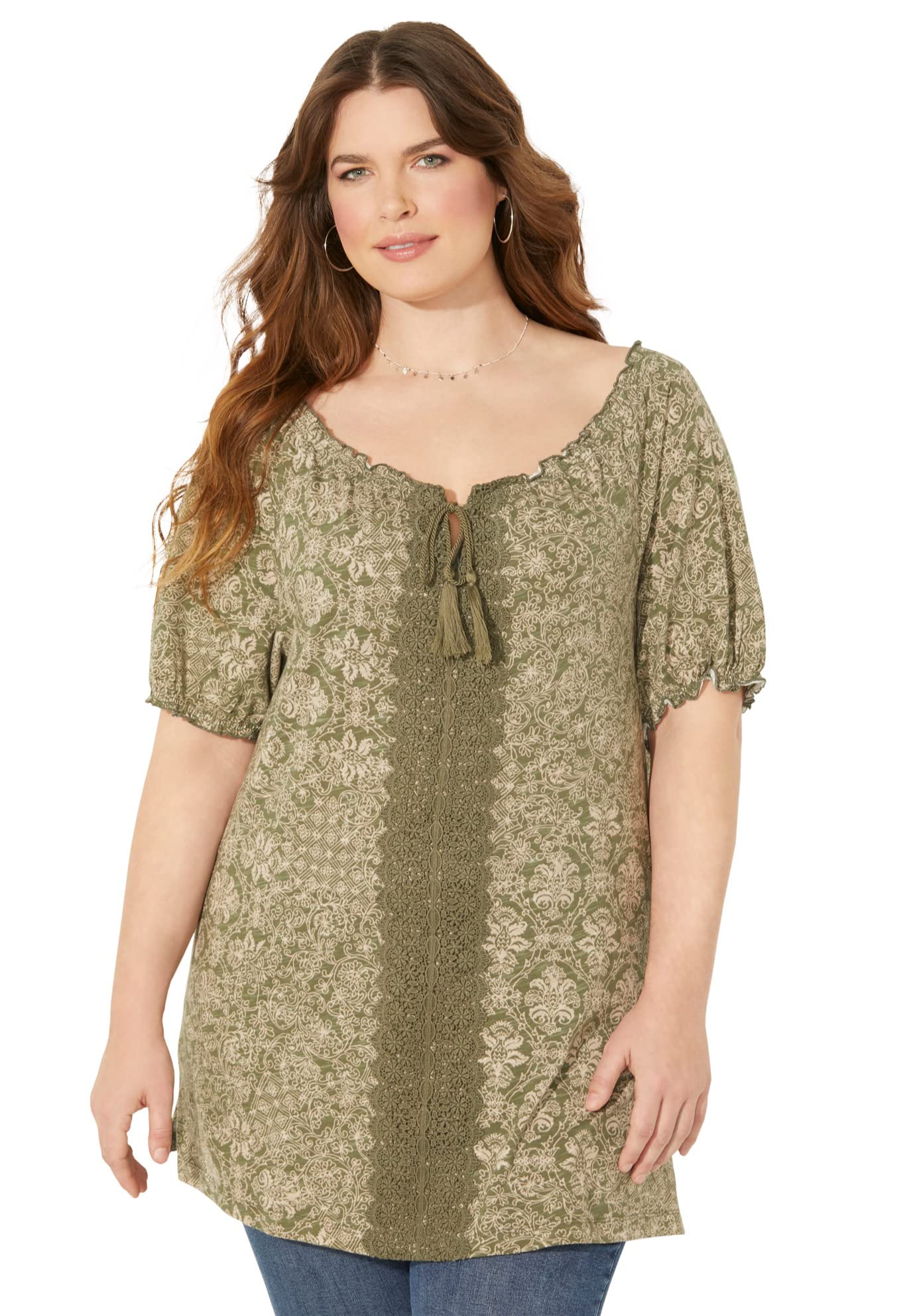 Women's Plus Size Petite Crochet Trim Peasant Top - Floral Boho Blouse for Casual Wear, Summer Outfits & Vacation Style | Catherine's