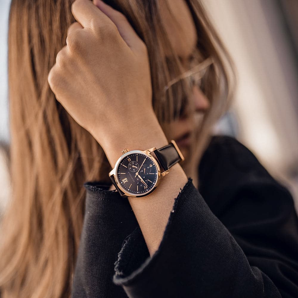 ARIES GOLD URBAN ETERNAL Stainless Steel Women's Watch with Black Leather Strap - Fashion Accessory for Everyday Wear & Special Occasions