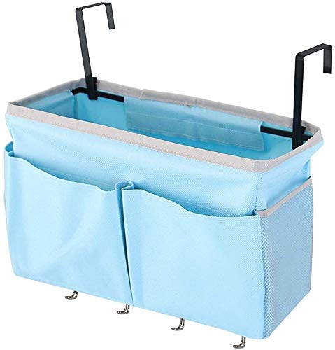 Multi-Functional Bedside Caddy Organizer with 4 Hooks - Hanging Storage Bag for Headboards, Bunk Beds & Hospital Beds | Perfect for Bedroom Organization, Small Space Storage & Nursing Home Use (Blue)