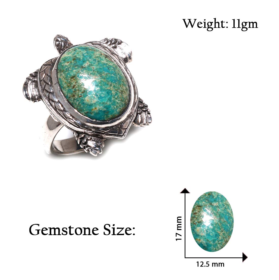 925 Sterling Silver Ring for Men & Women - Handmade Turquoise Gemstone Turtle Design Fashion Jewelry | Perfect for Outings, Gifts, Birthdays & Parties | US Size 8 | Casual & Everyday Wear