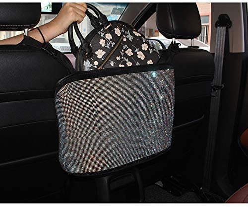 Bling Car Handbag Holder & Backseat Organizer - 3-Pack Rhinestone Auto Seat Storage Bags with Net Pockets & Trash Can (Plush, Pure White) - Perfect for Organizing Purses, Phones & Snacks in Your Car