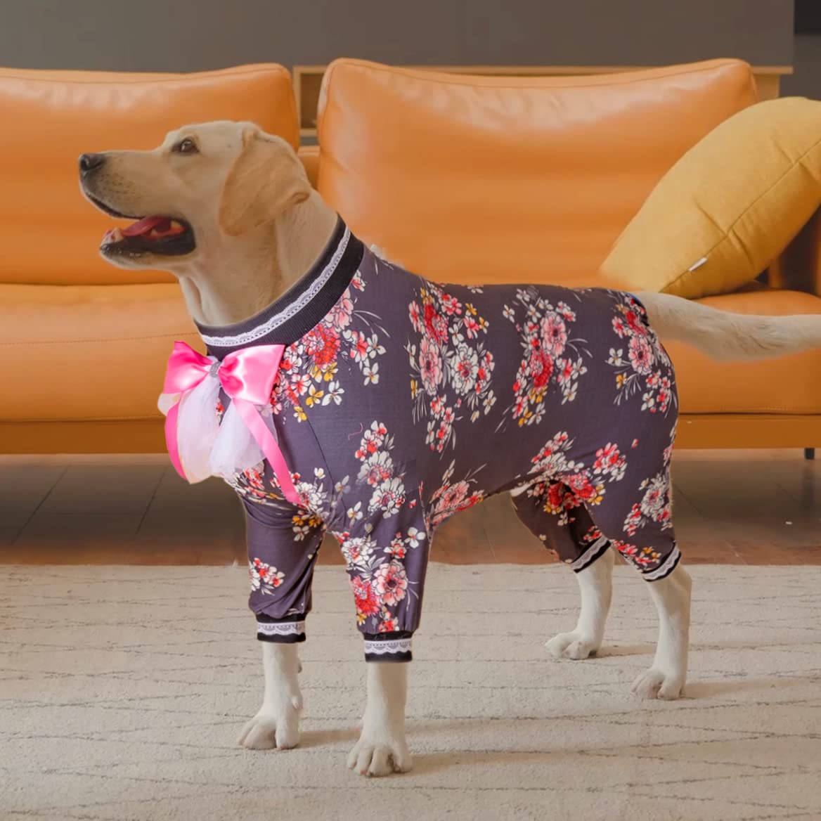 LovinPet Dog Recovery Suit - UV Protection & Anxiety Relief Dog Pajamas, Large 4-Leg Jumpsuit with Elastic Floral Prints (Black/Pink) - Perfect for Post-Surgery Care, Outdoor Sun Protection & Stress Relief for Big Dogs