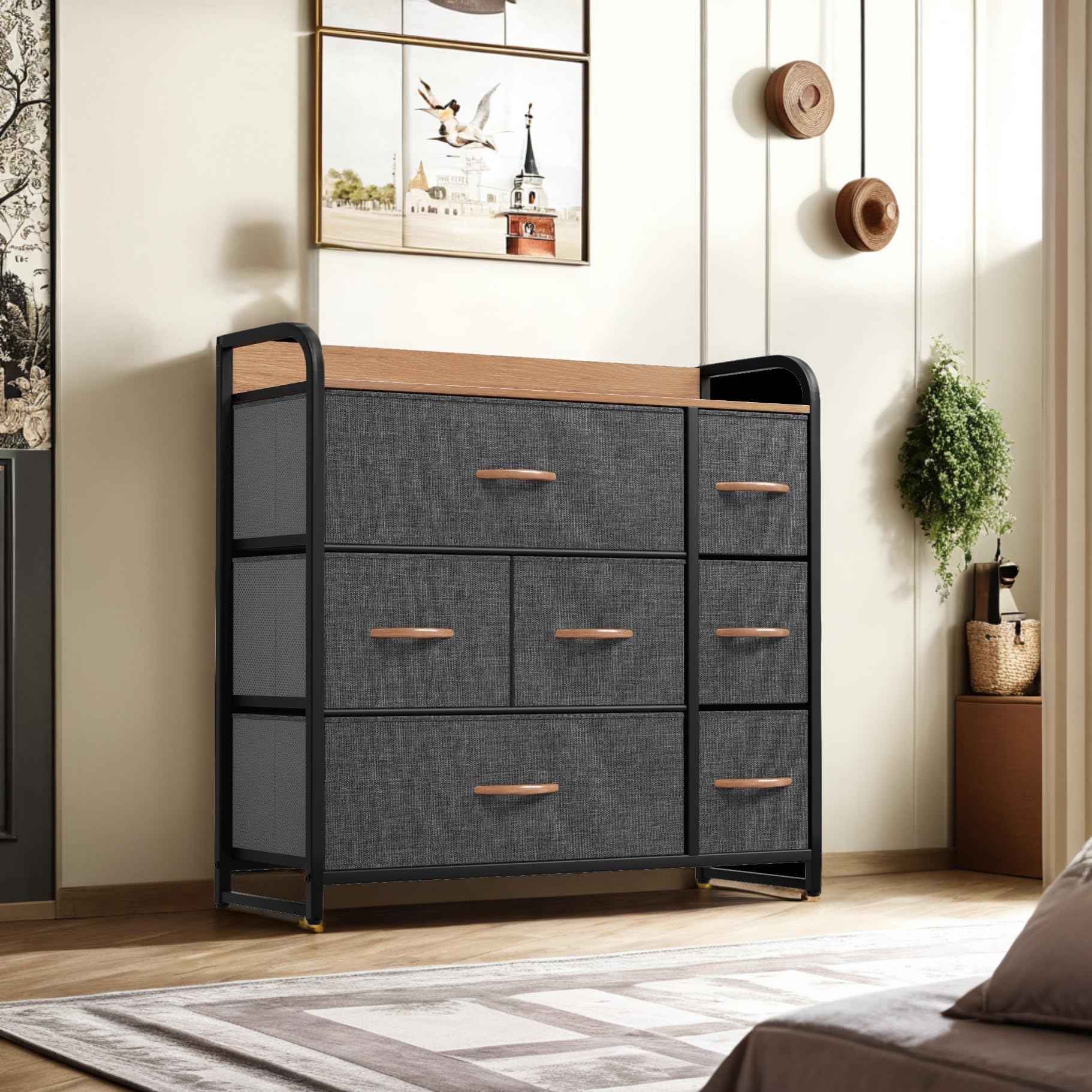 YITAHOME 7-Drawer Storage Dresser with Sturdy Steel Frame & Wooden Top - Fabric Bin Organizer for Bedroom, Living Room, Hallway & Closet - Easy Pull Drawers, Space Saving Furniture for Small Apartments & Dorm Rooms (Grey)