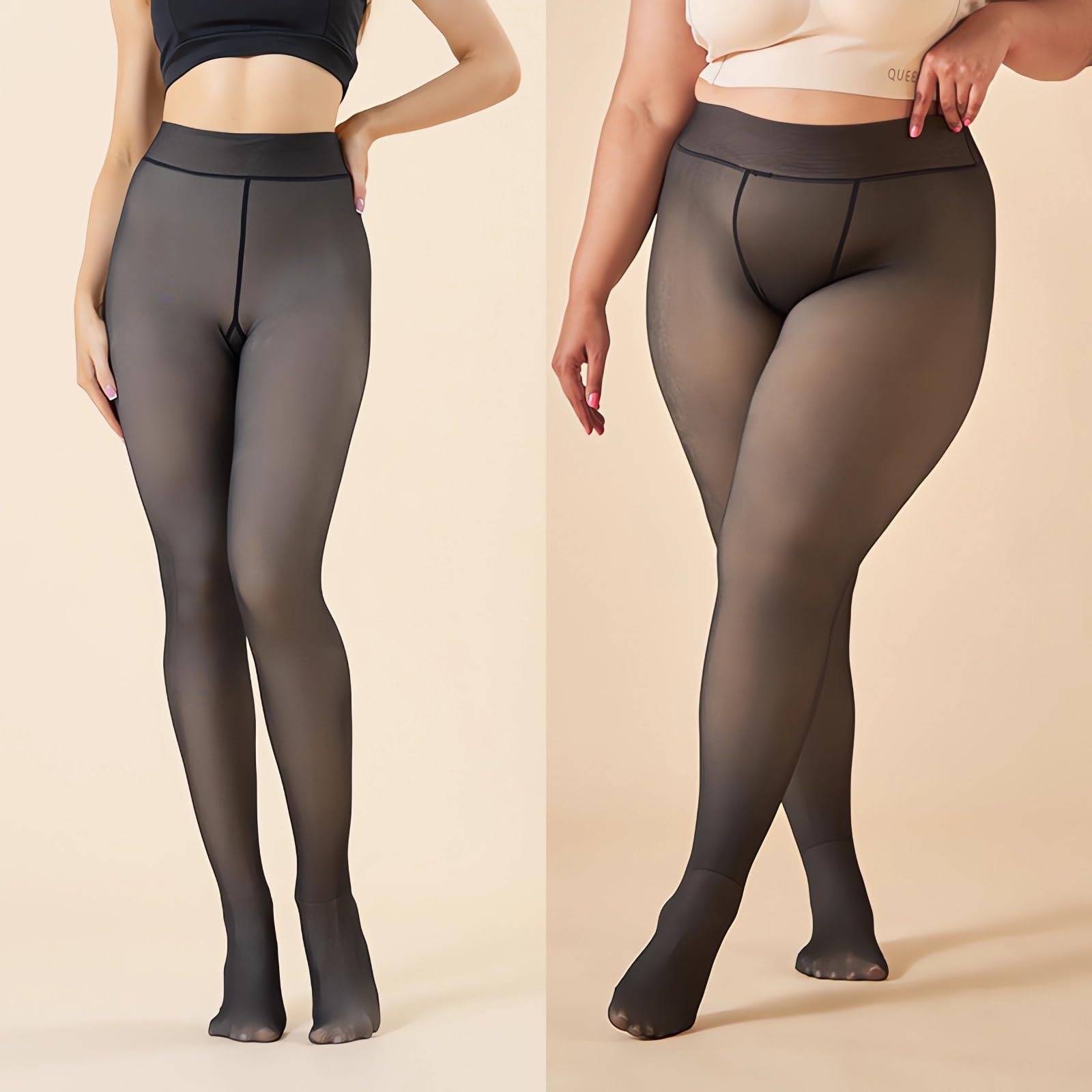Women's Fleece Lined Thermal Tights - Fake Translucent Nude Warm Pantyhose, High Stretch Opaque Winter Leggings for Cold Weather & Outdoor Activities