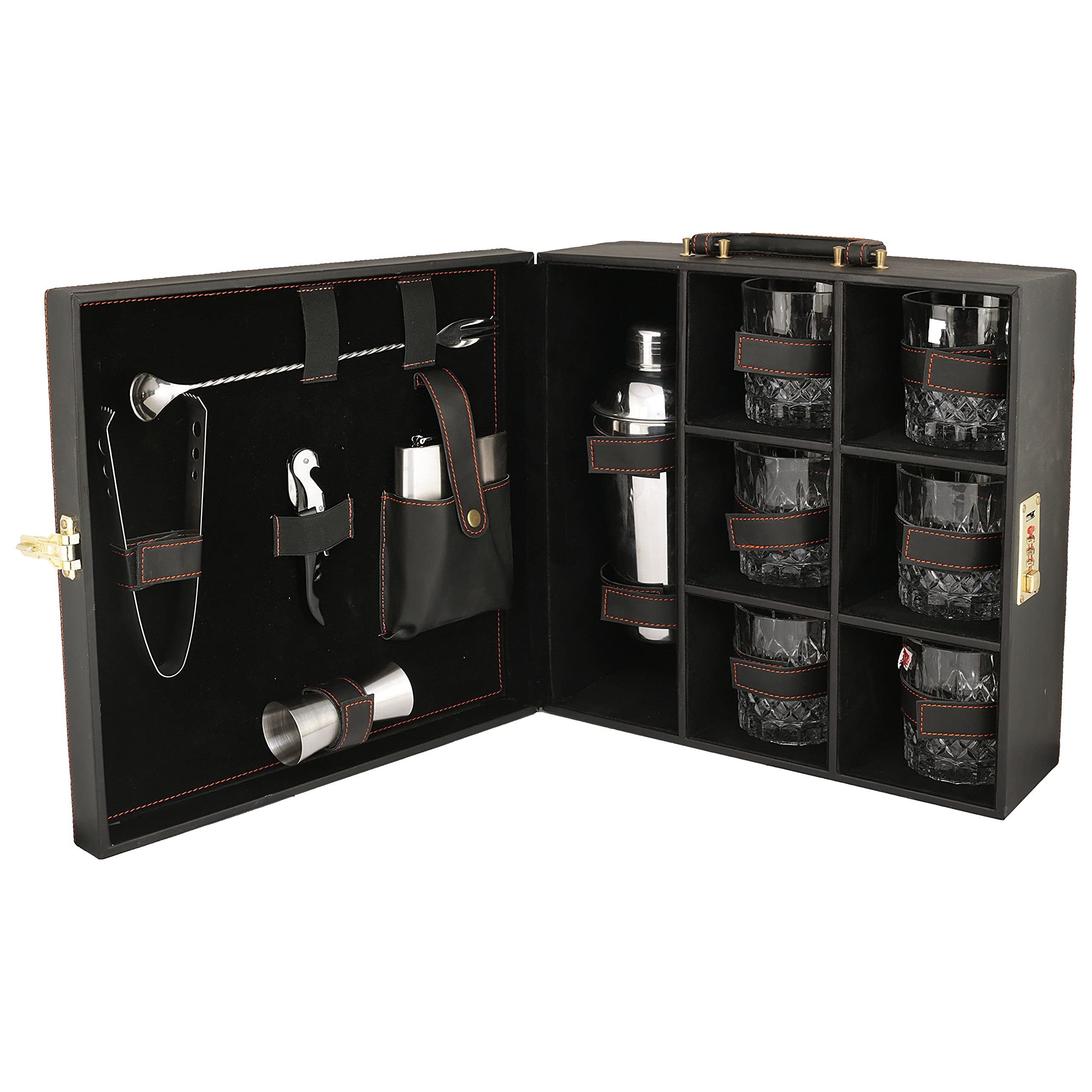 Premium 6-Piece Whiskey Glass Bar Set with Portable Leatherette Case - Ideal for Travel, Picnics, Cars & Outdoor Entertaining (Black)