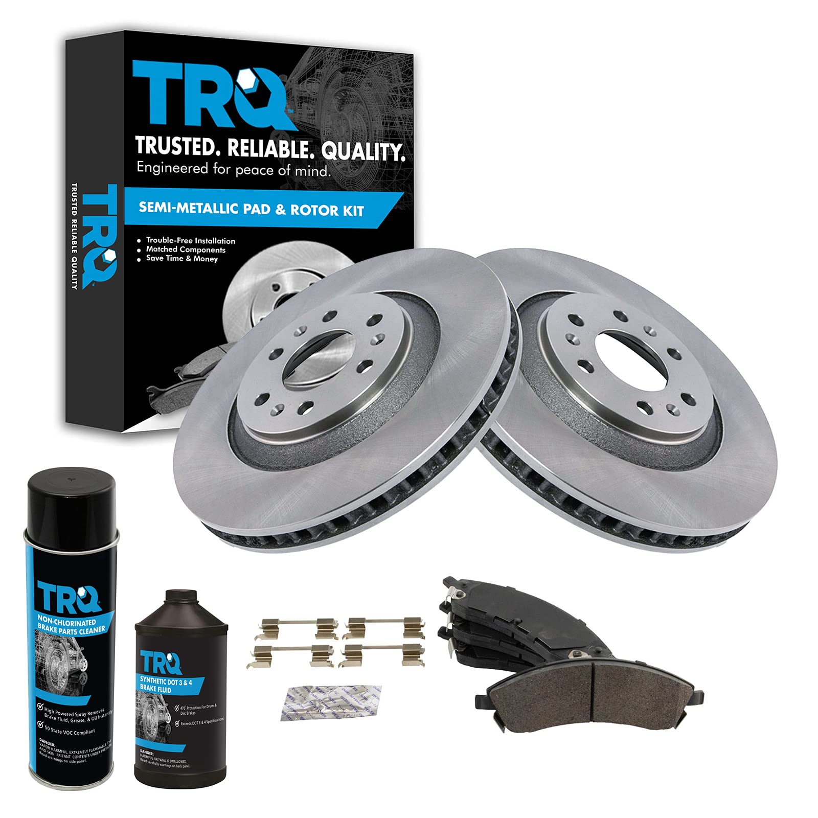 TRQ Front Brake Pad and Rotor Kit - Semi-Metallic Brake Pads & Rotors for 2004-2009 Cadillac SRX - Complete Brake Chemical Kit for Smooth Stopping - Perfect for City Driving, Highway Commuting & Off-Road Adventures