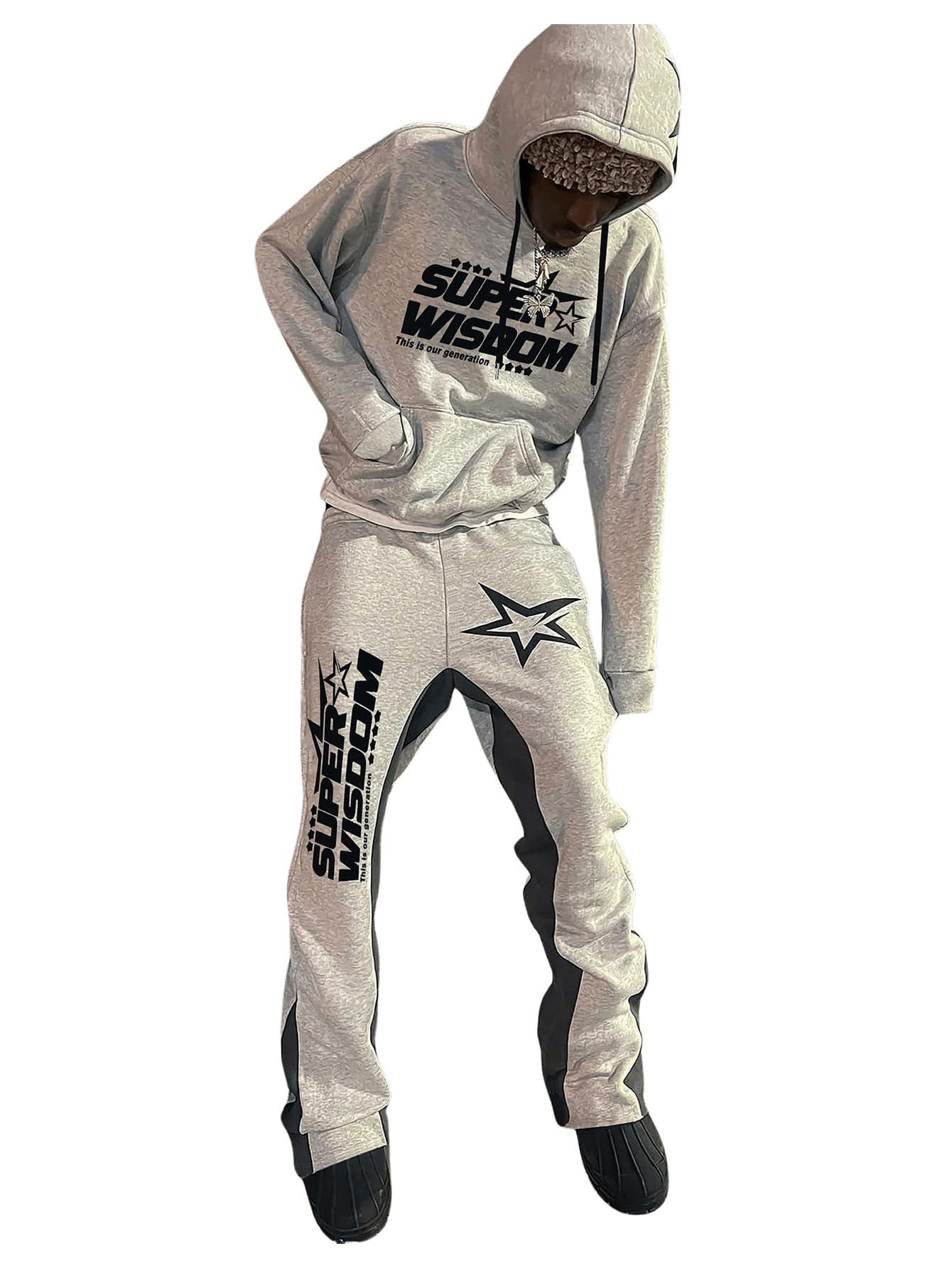 Men's 2-Piece Sweatsuit Set - Long Sleeve Star Print Hoodie & Y2K Stacked Sweatpants | Casual Loungewear for Home, Gym & Streetwear Fashion